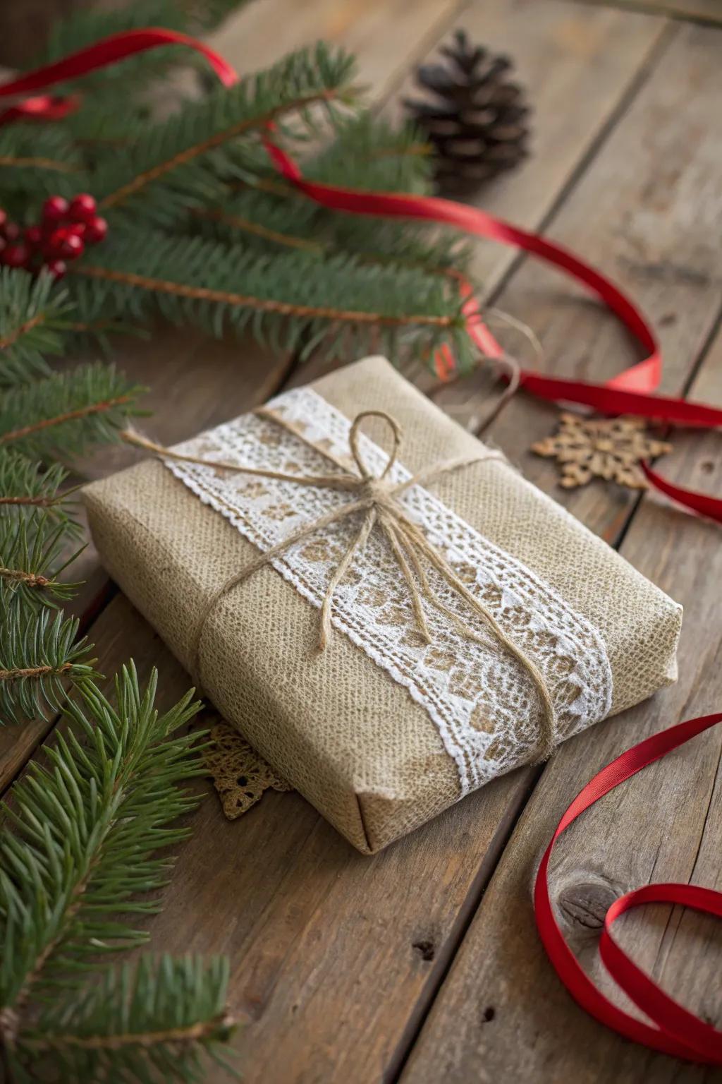 A tactile gift wrapped with burlap and lace, delivering a luxurious and appealing sensory experience.