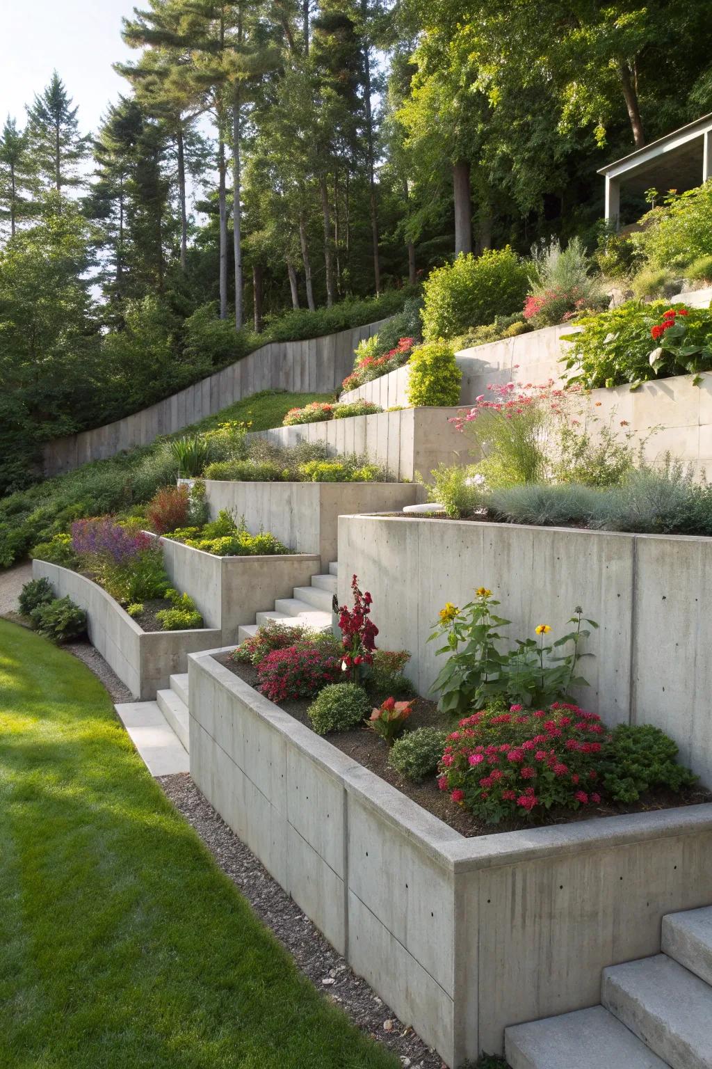 Varied altitude concrete walls for an energetic garden.