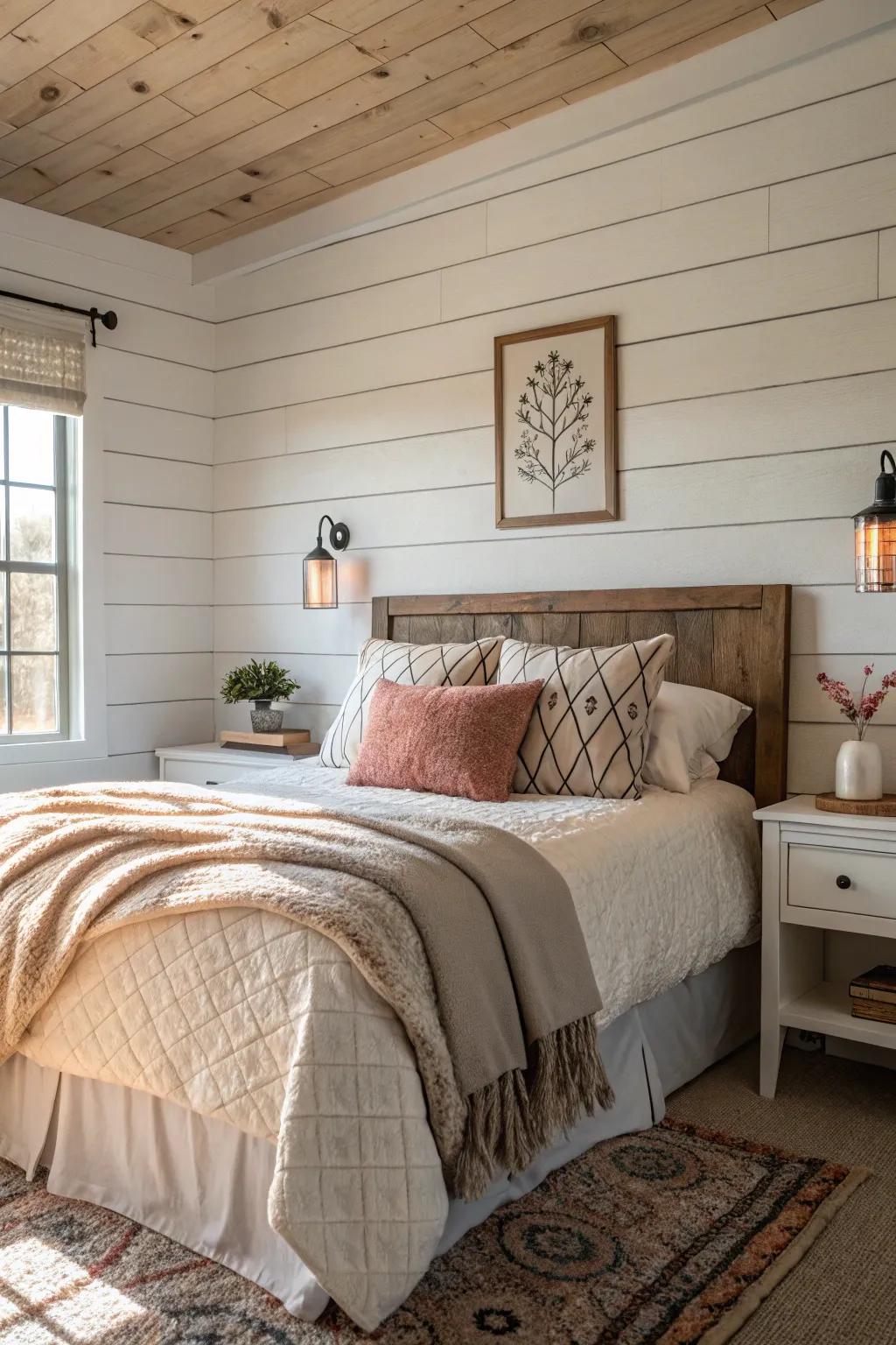 Shiplap feature walls enhance interest and a farmhouse element.
