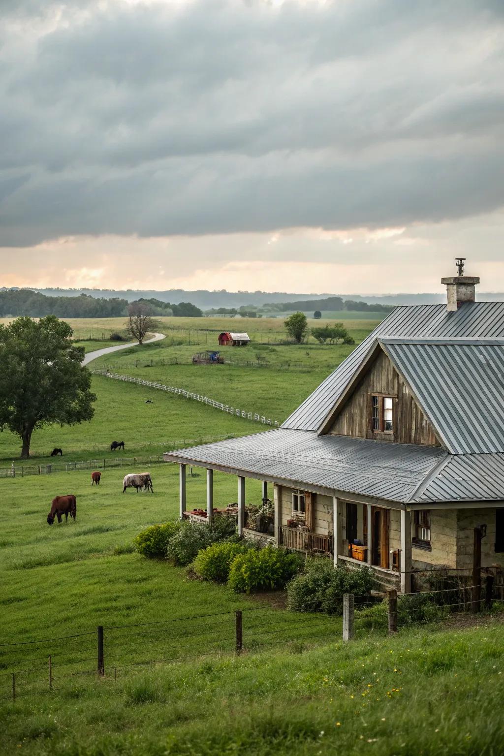 Weathered warmth: A farmhouse featuring a classic wavy metal roof.
