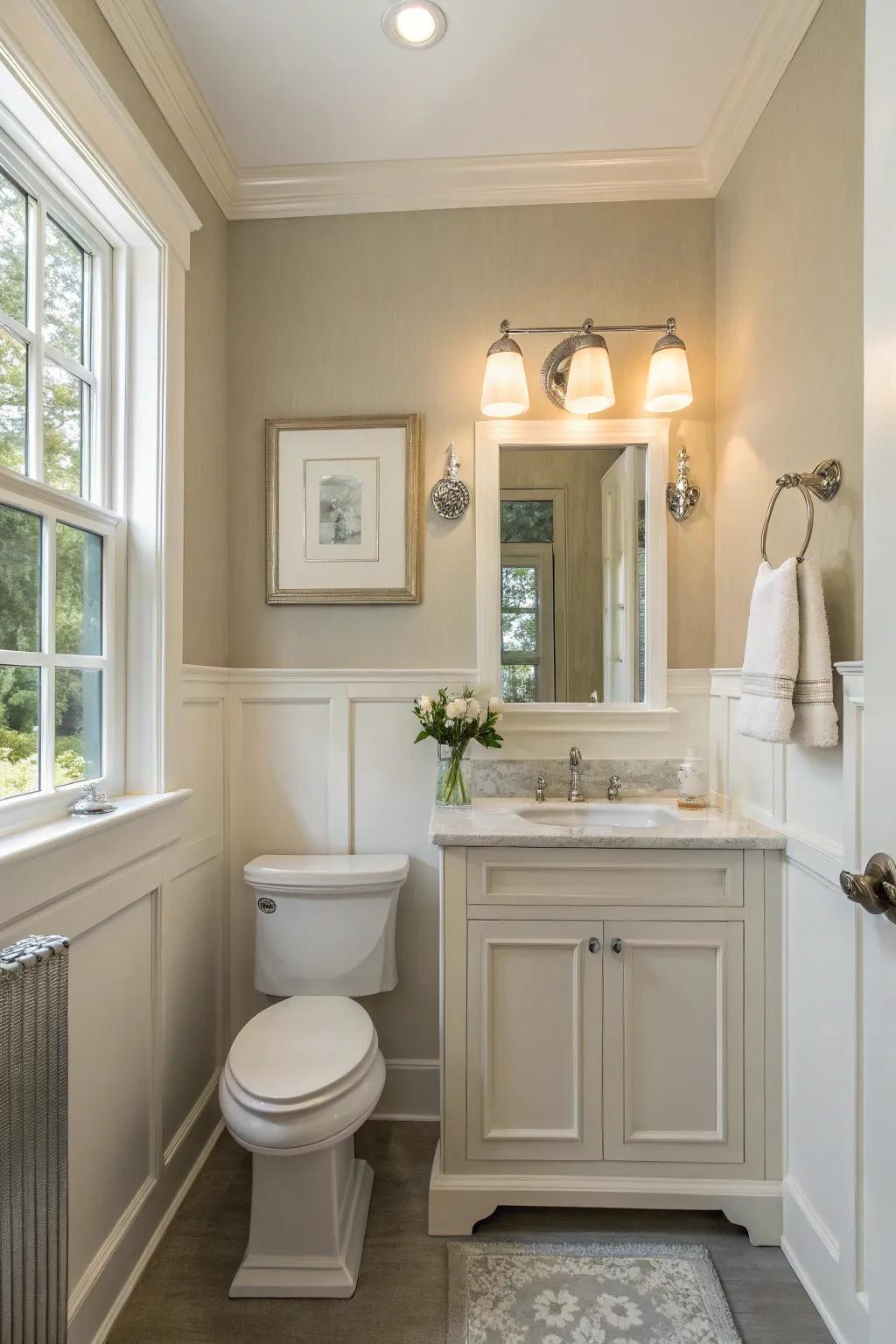 A powder room with a neutral color palette and natural lighting.