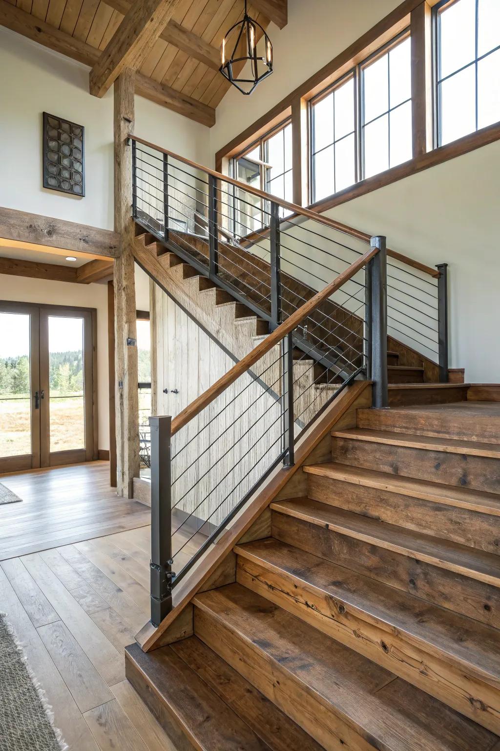 A staircase showcasing industrial metal railings complementing homespun timber steps.