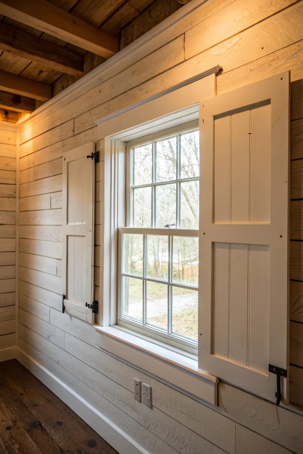 Shiplap backdrop adding charm to window trim.
