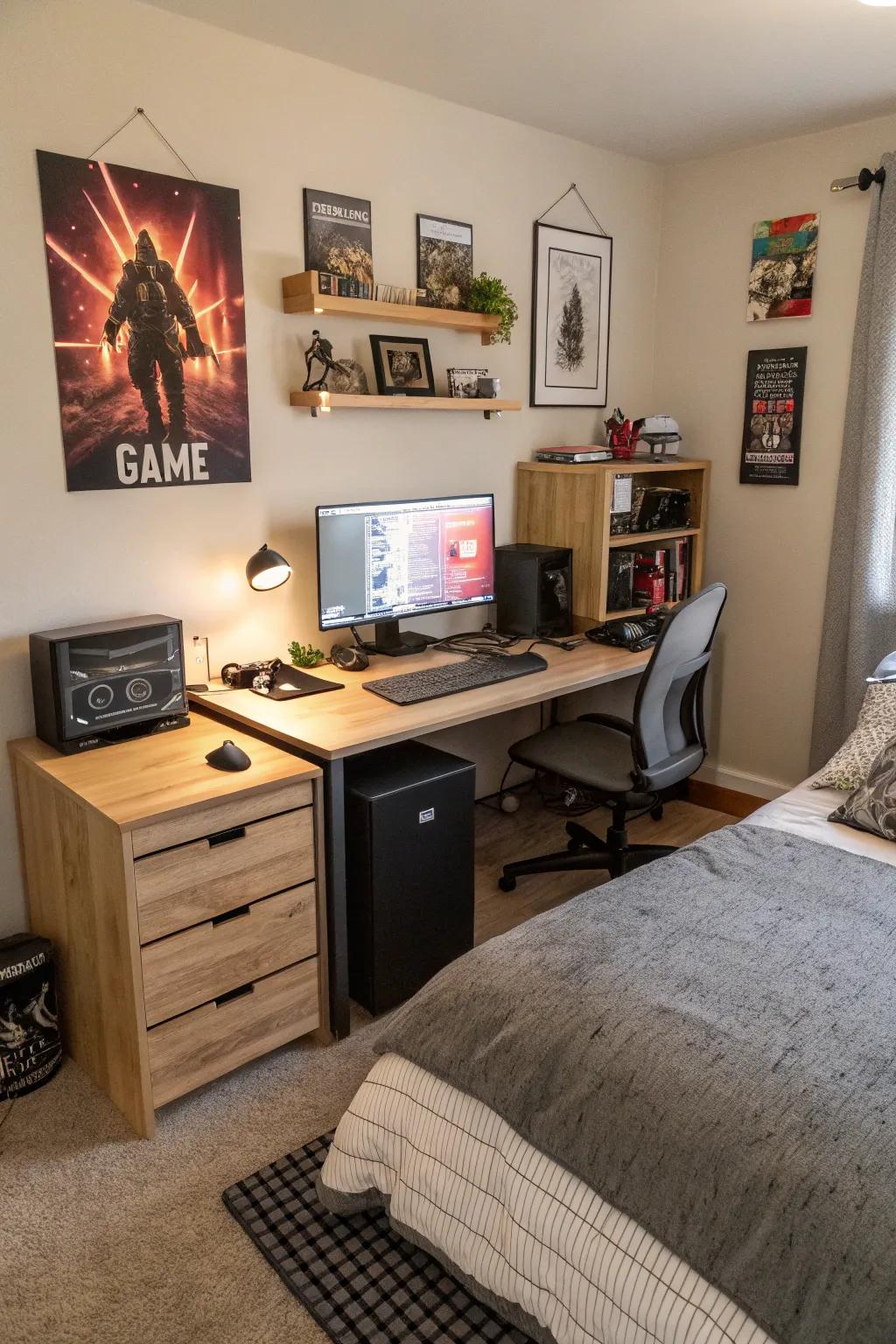 A bedroom featuring a multi-functional desk for both gaming and work.