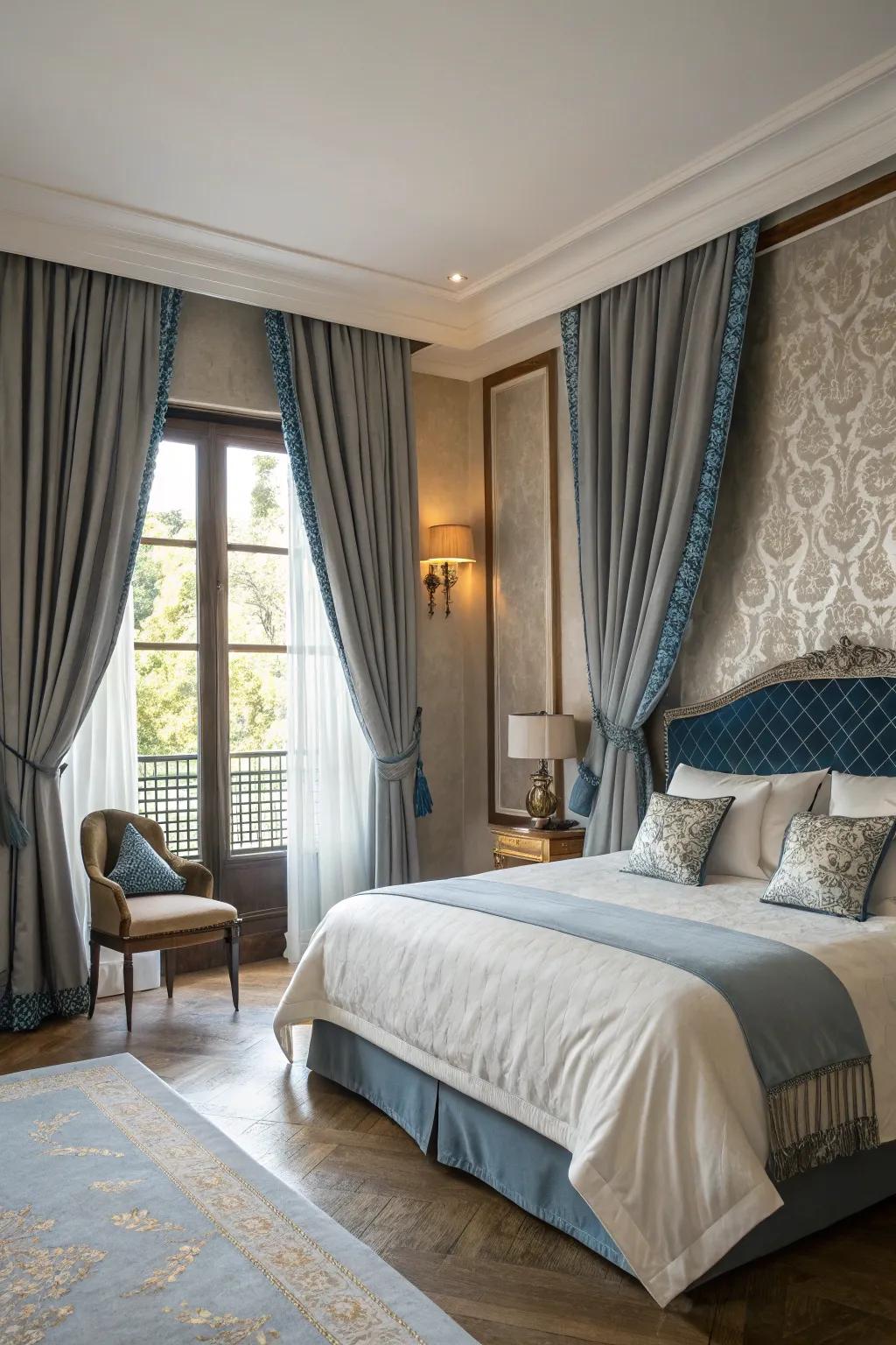 Pewter window coverings with azure bands present a stylish contrast in your bedroom.