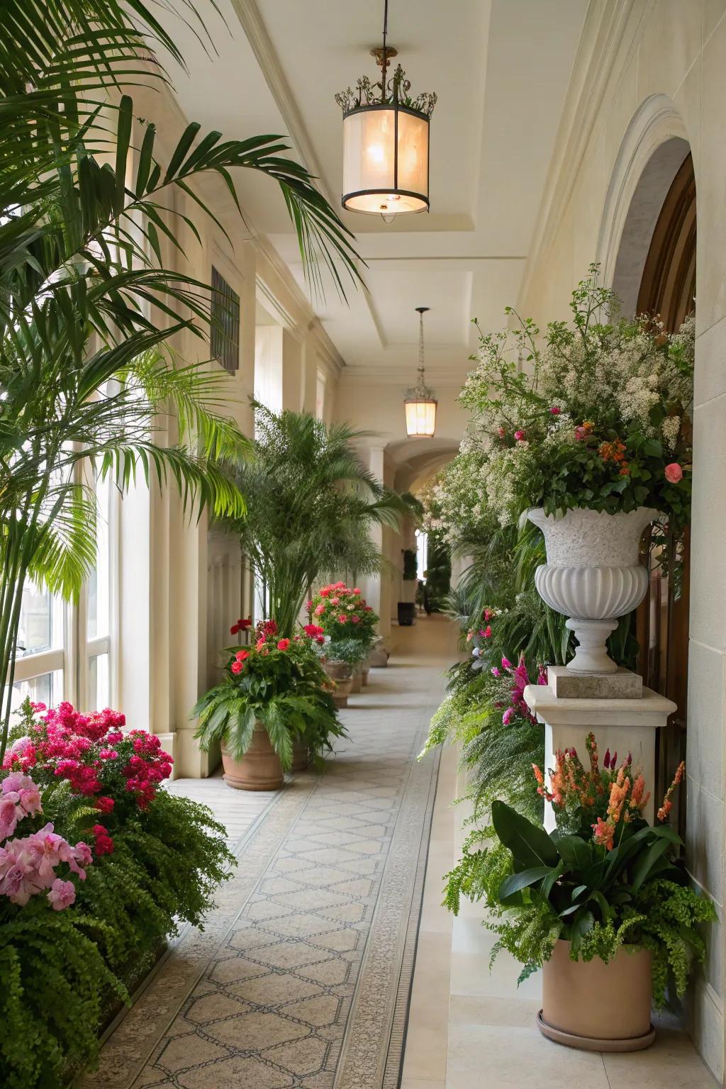 Natural decorations like plants add freshness and energy to the hallway.