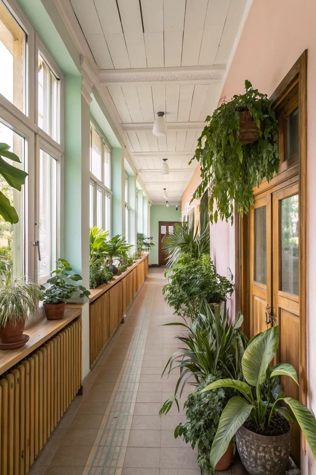 Natural compositions contribute a refreshing vibe to the hallway.
