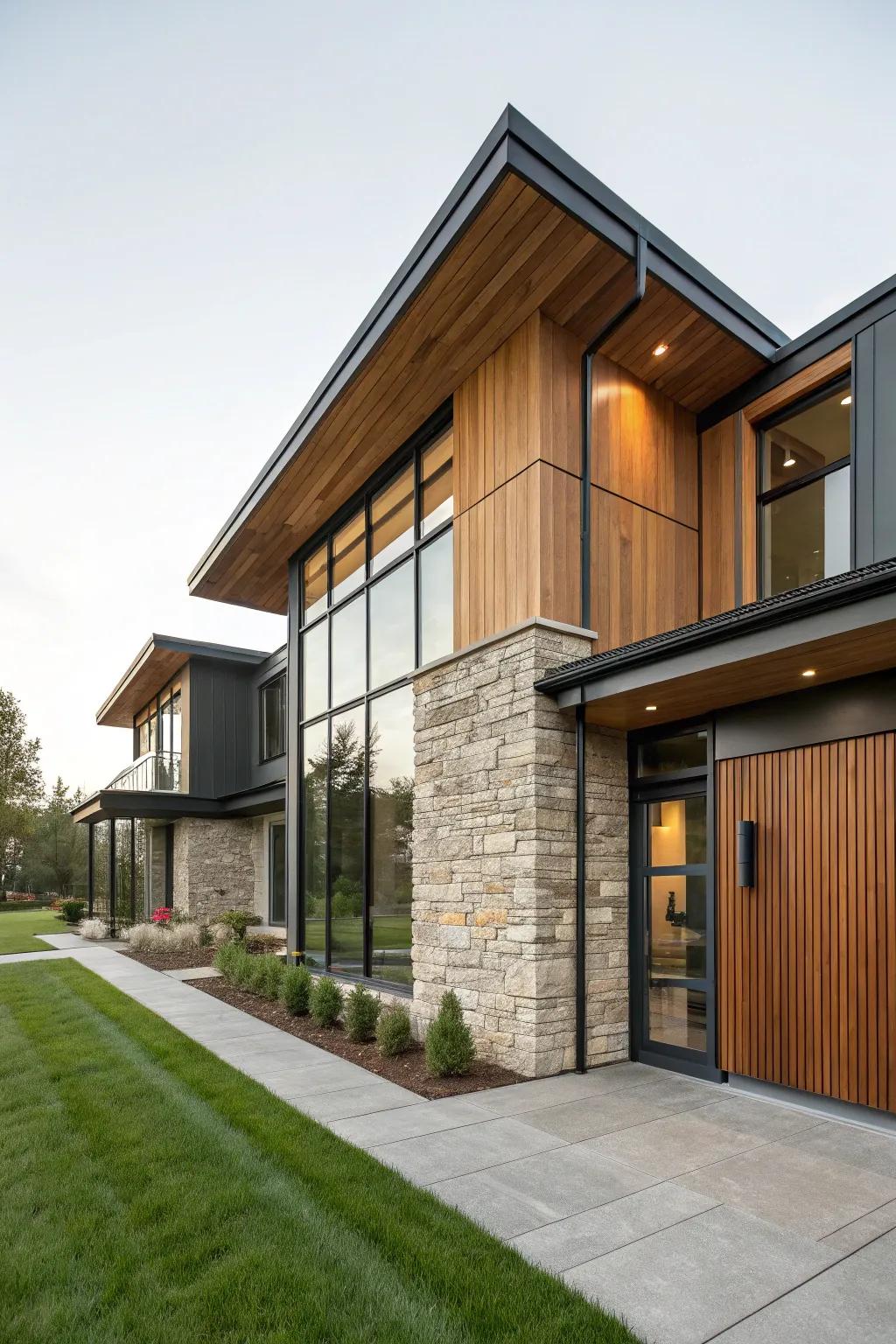 A modern home exterior displaying a mix of contrasting materials.