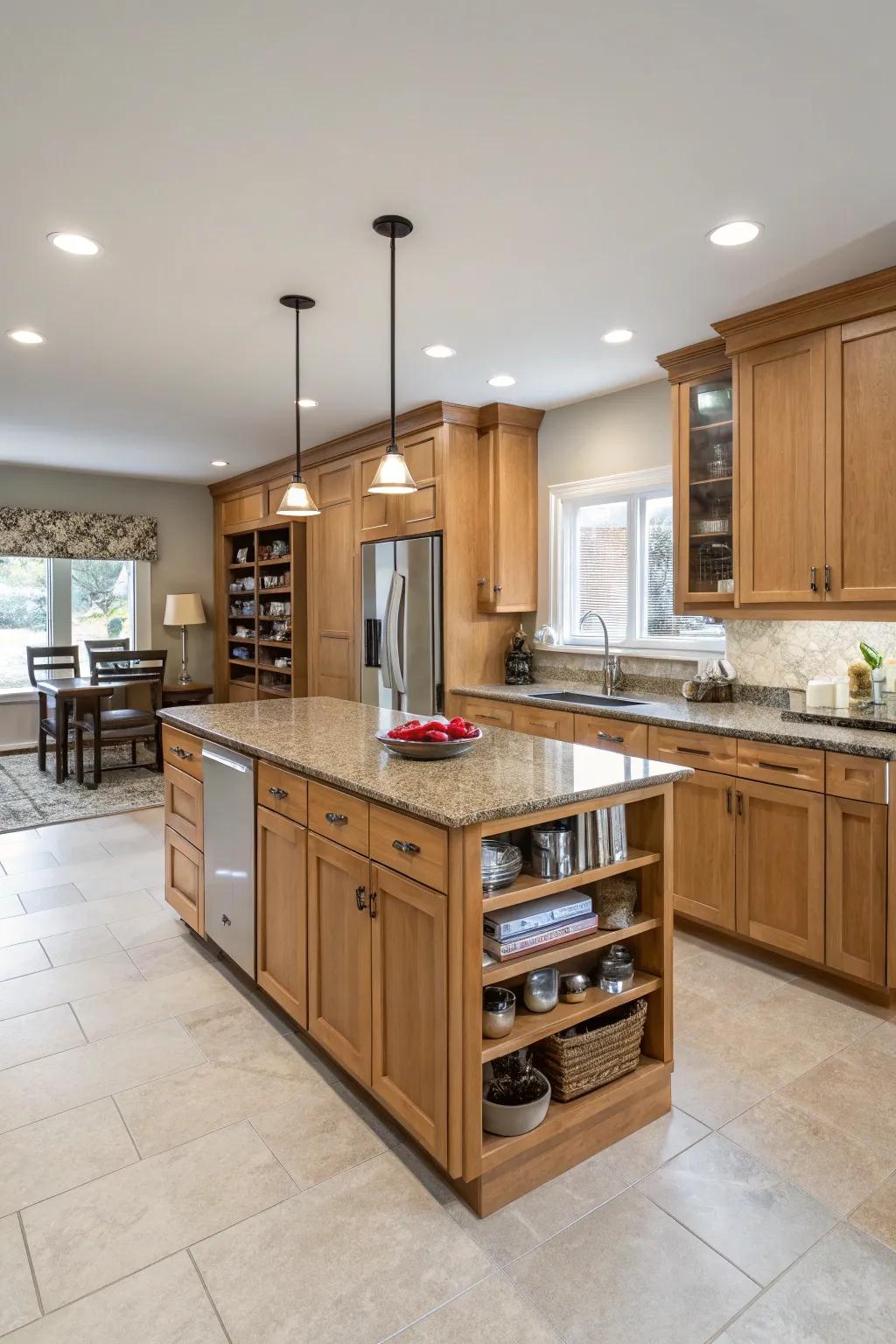 A kitchen island introduces added utility and style to modern kitchens featuring paneled-oak cabinets.