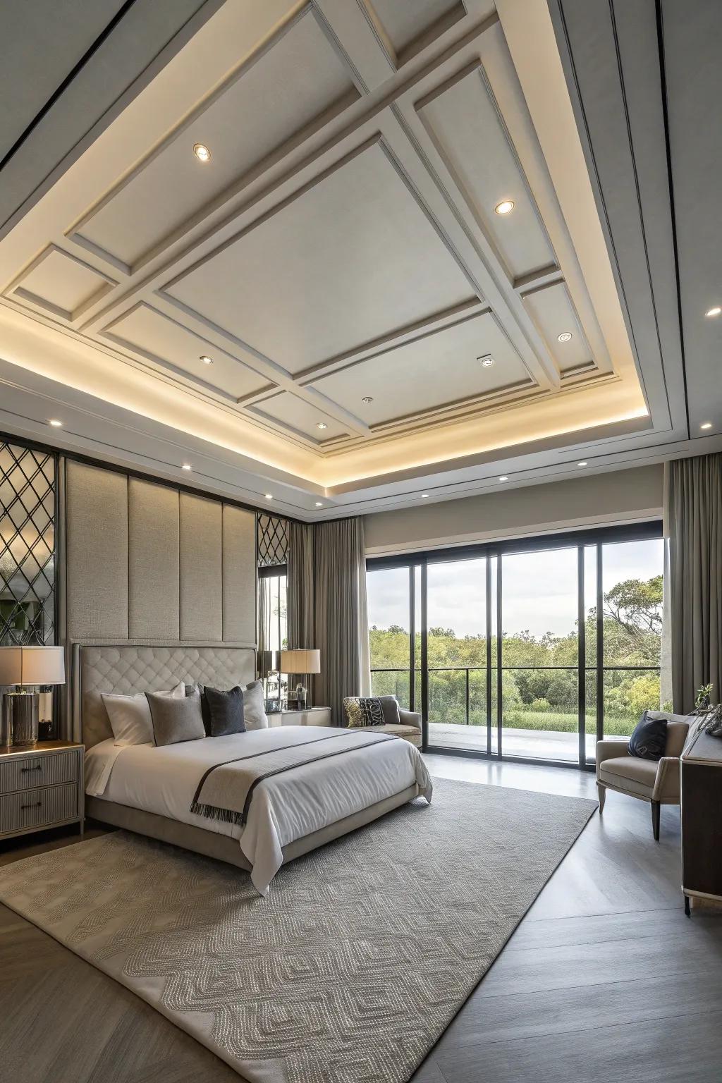 Architectural details improve the contemporary aesthetic of this bedroom.