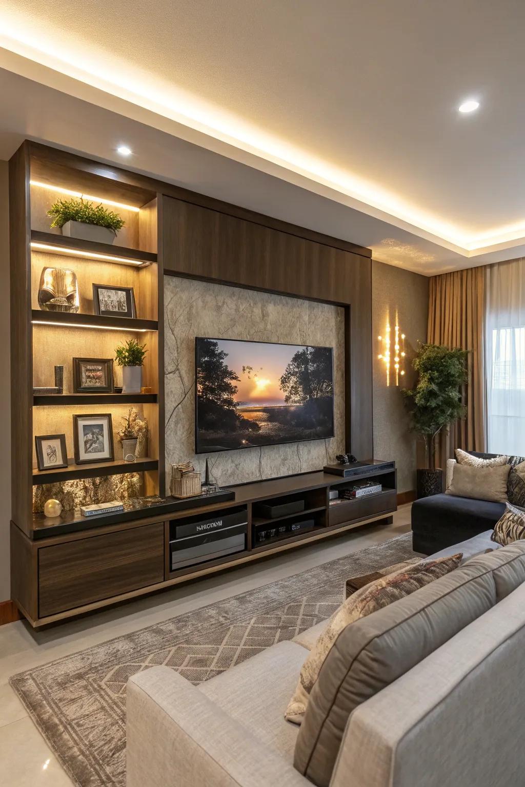 A bordered television imparts an inventive charm to a media wall.
