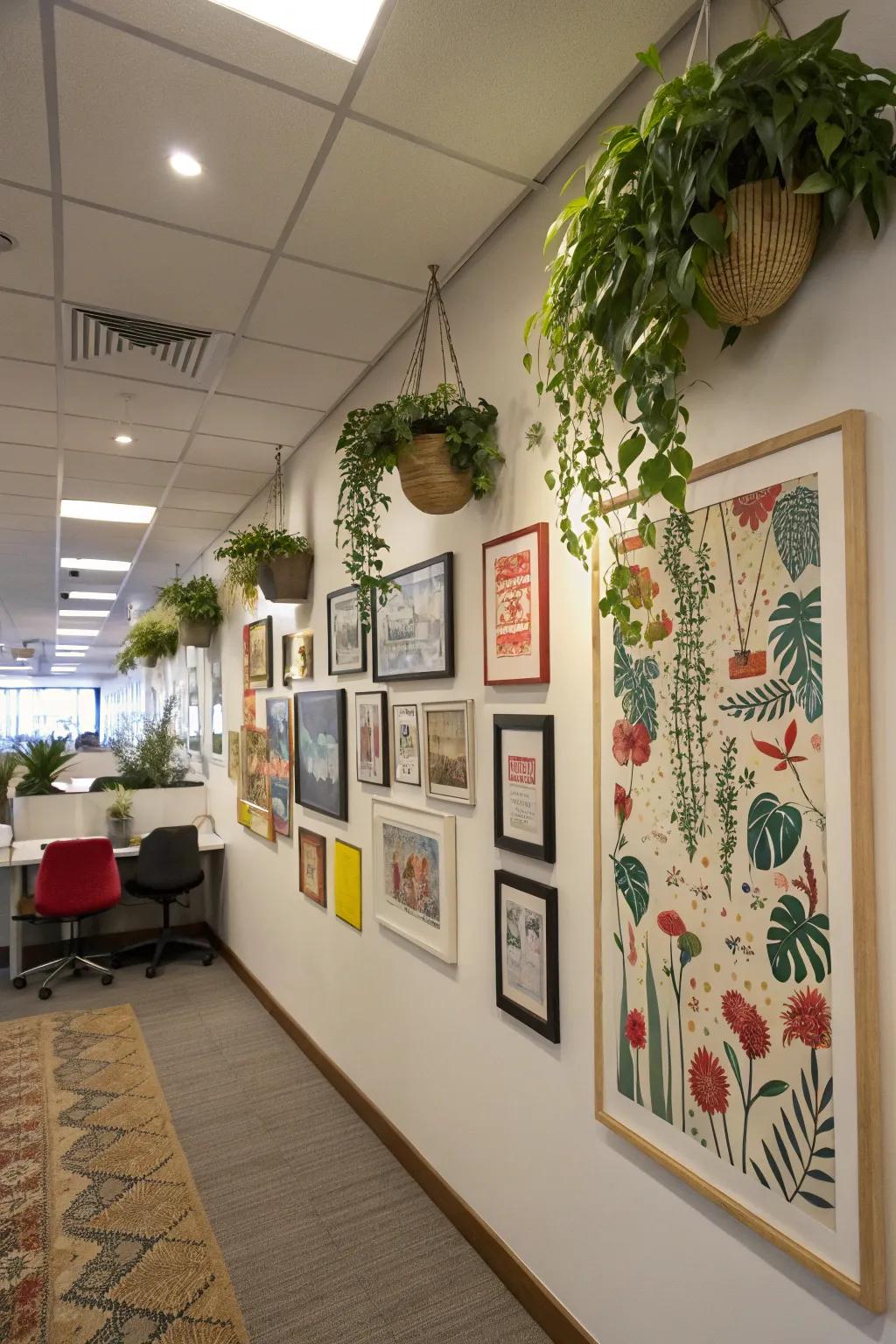 An office wall ornamented with art and decorative components.