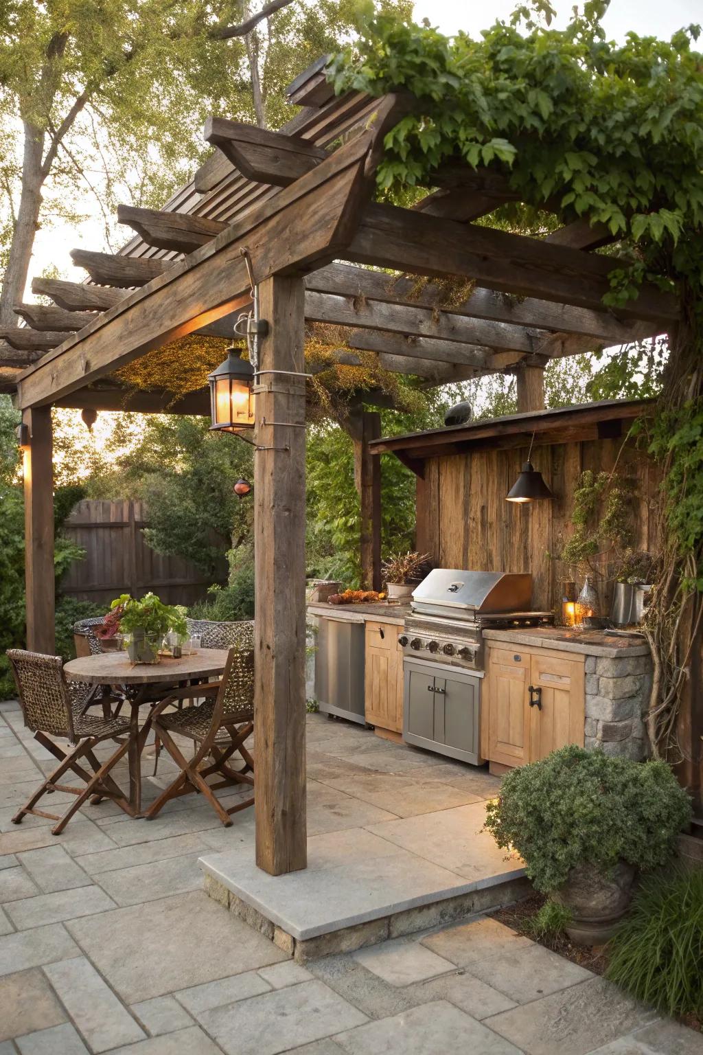 Rustic pergola fashioned from salvaged lumber.