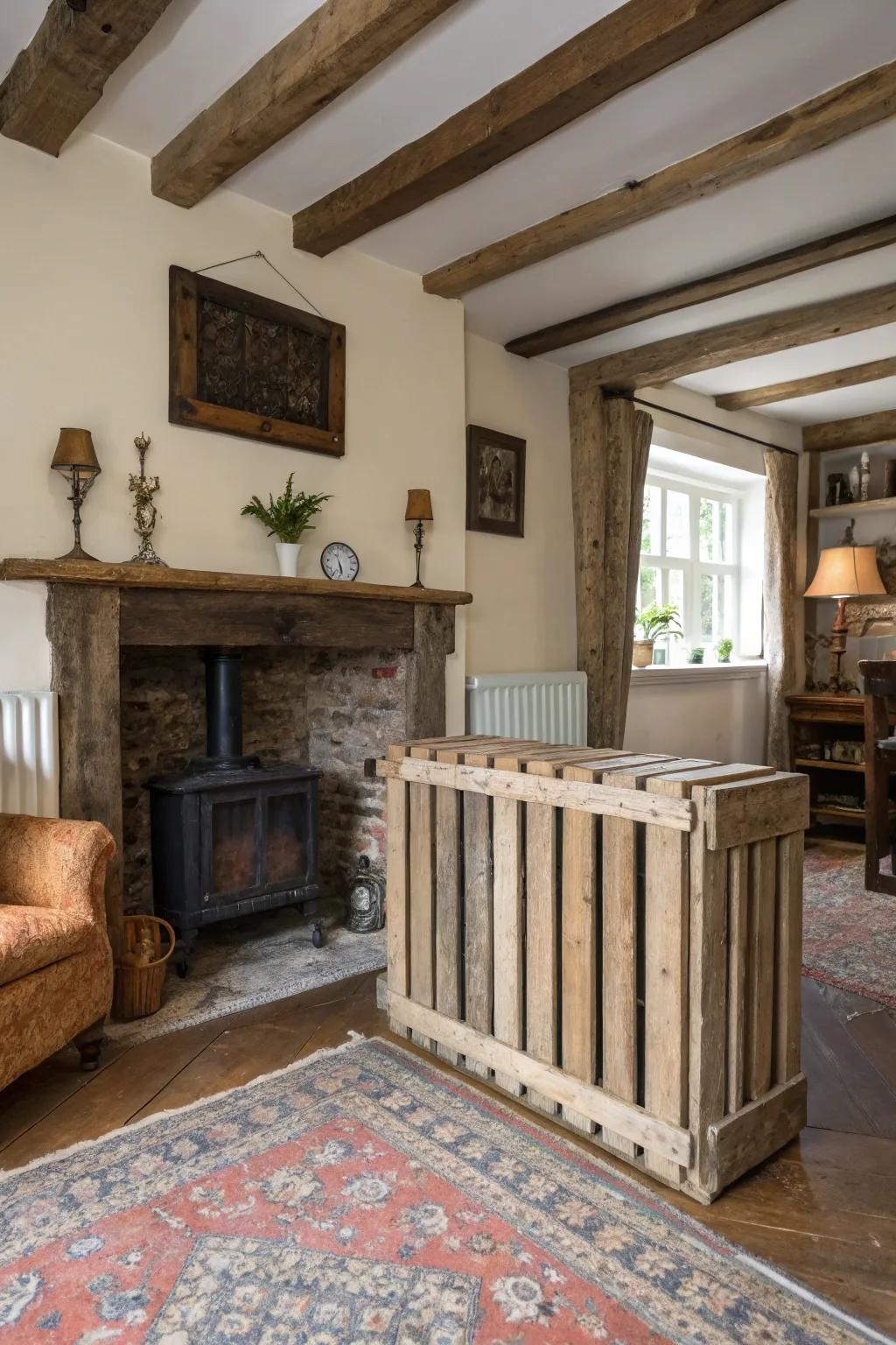 A simple radiator shield made using recovered wood boards.