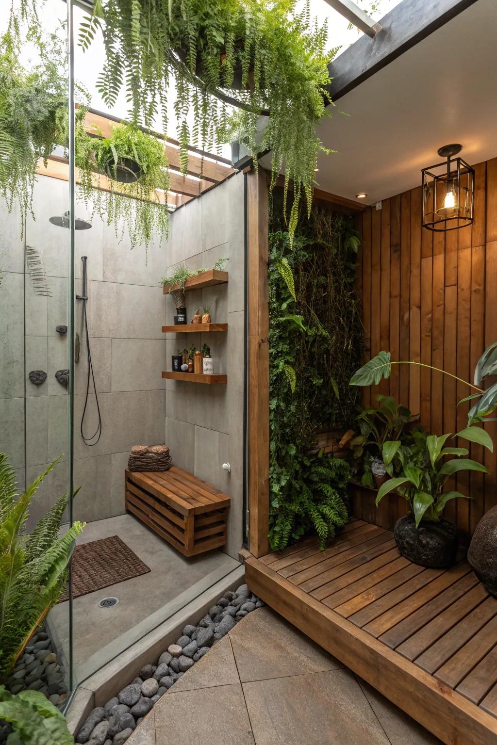 A serene shower space showcases organic elements like lush plants and wood details.