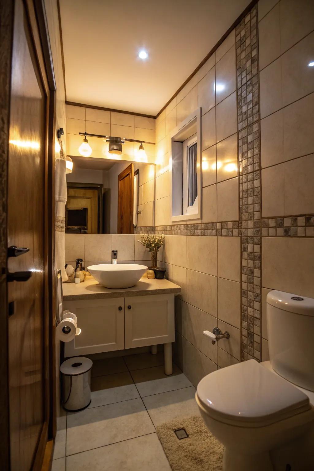 Skillful lighting enlivens this intimate bathroom.