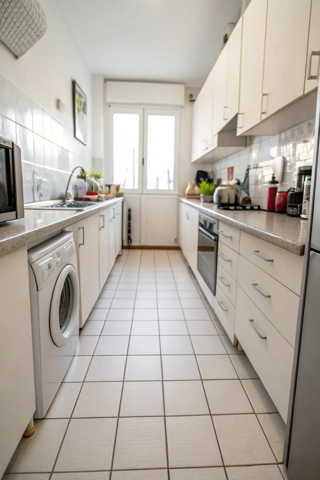 Minimalistic floor tiles for a clean look in a small kitchen