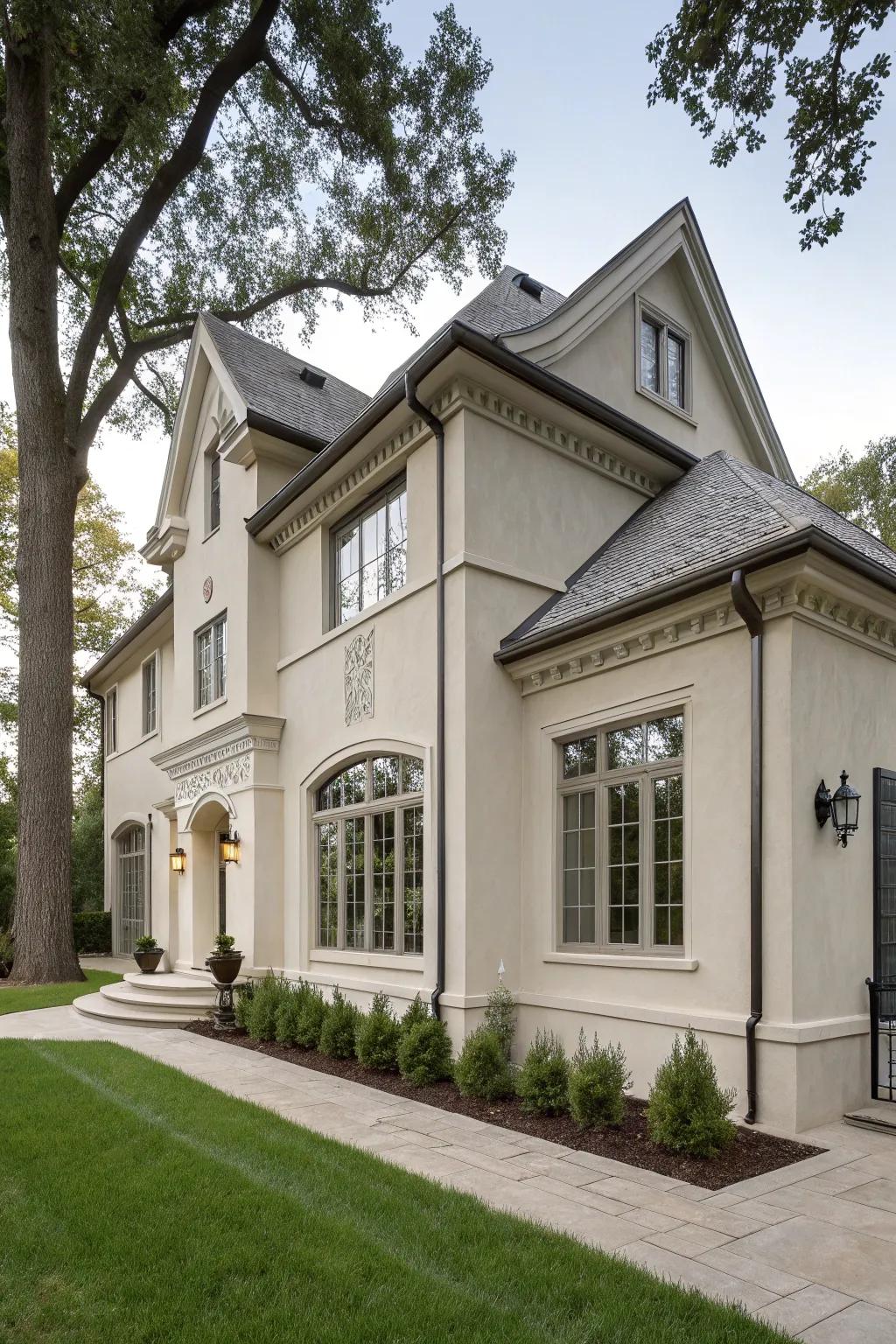 Gray-beige stucco house displaying balanced design components.