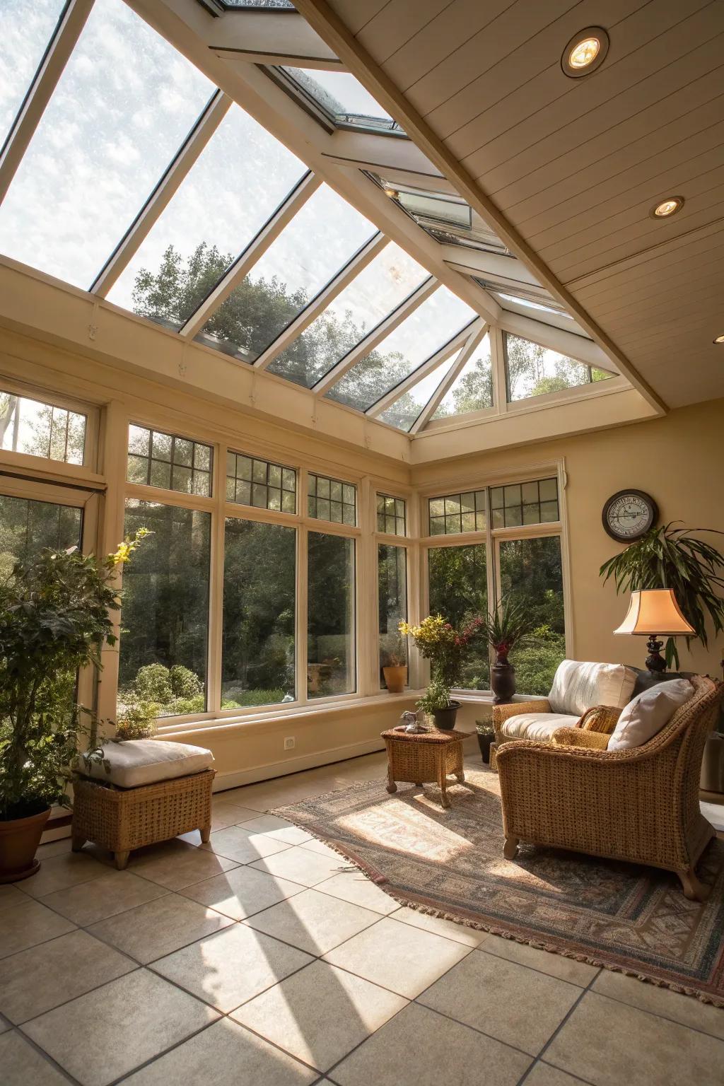 A window to the sky adds a luminous touch to this modern sunroom.