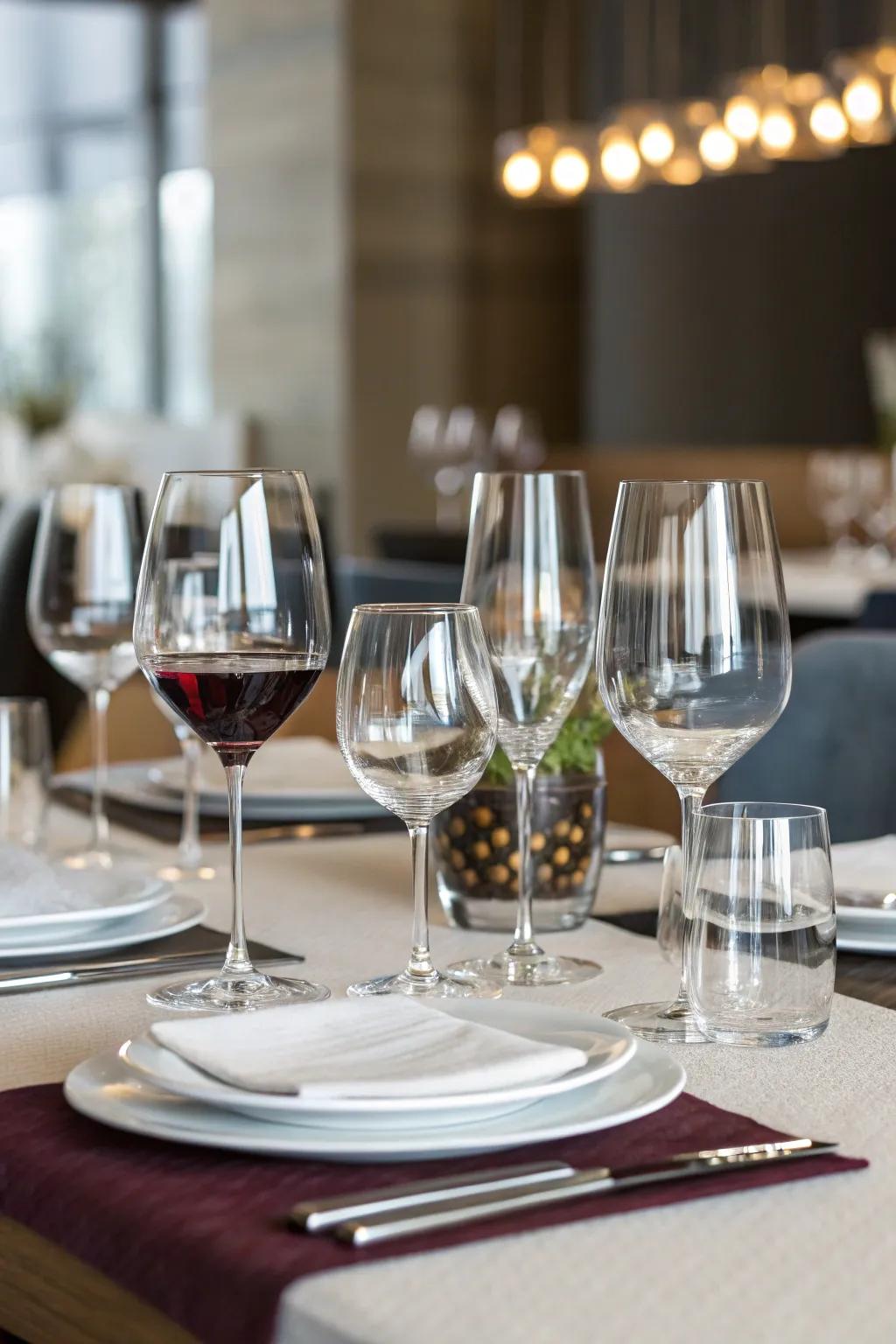 Varied glassware elevates the dining encounter.