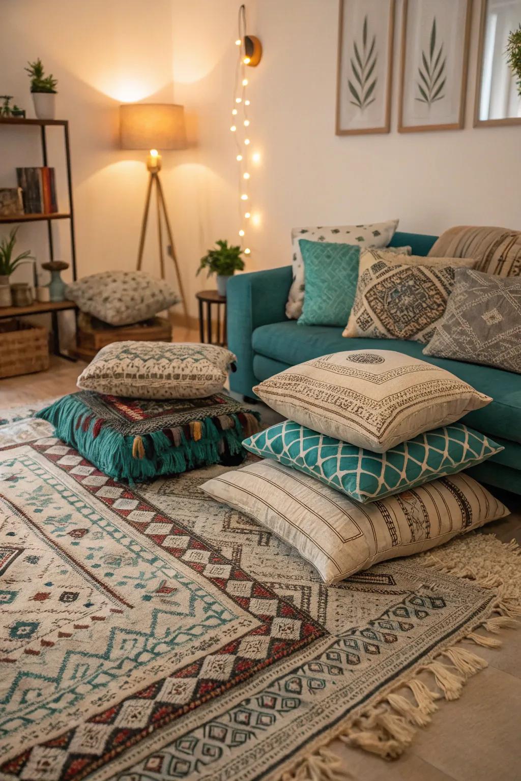 Layered textiles add warmth and charm to this inviting living room.