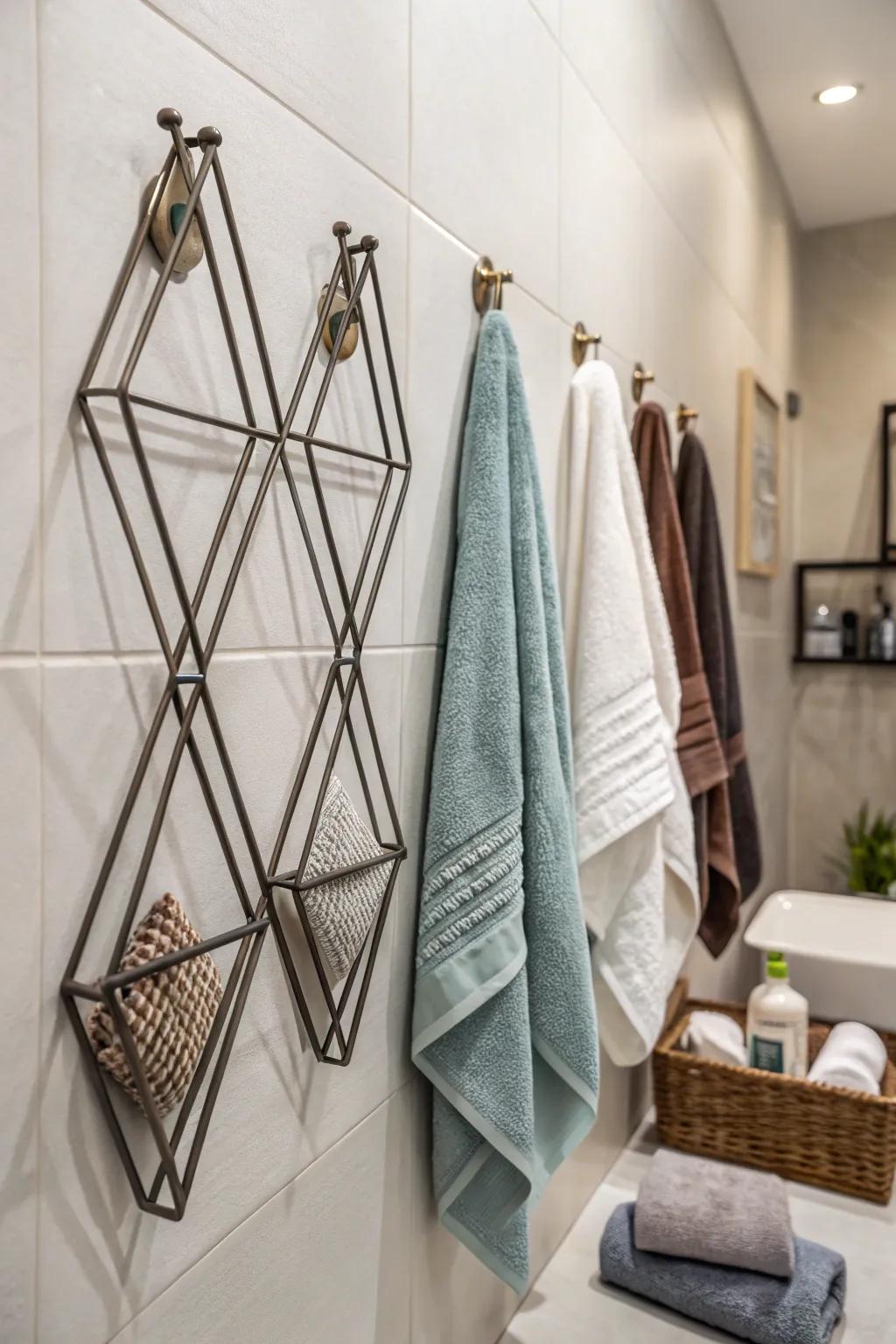Art meets function with geometric wall hooks.