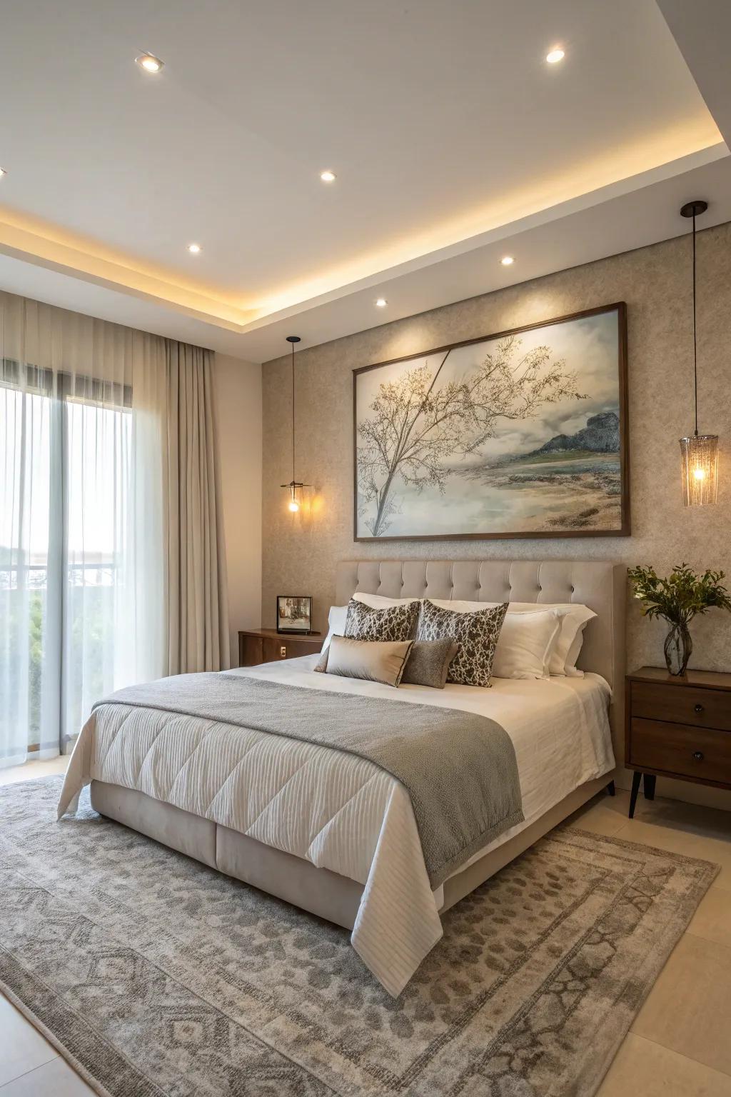 Statement art adds character and visual interest to the room.