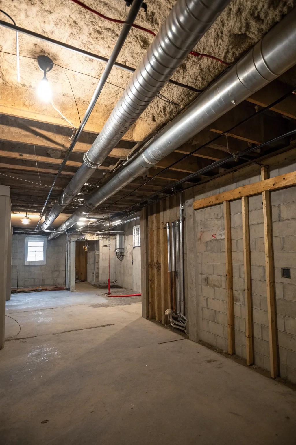 Urban details add a contemporary vibe to the unfinished area.