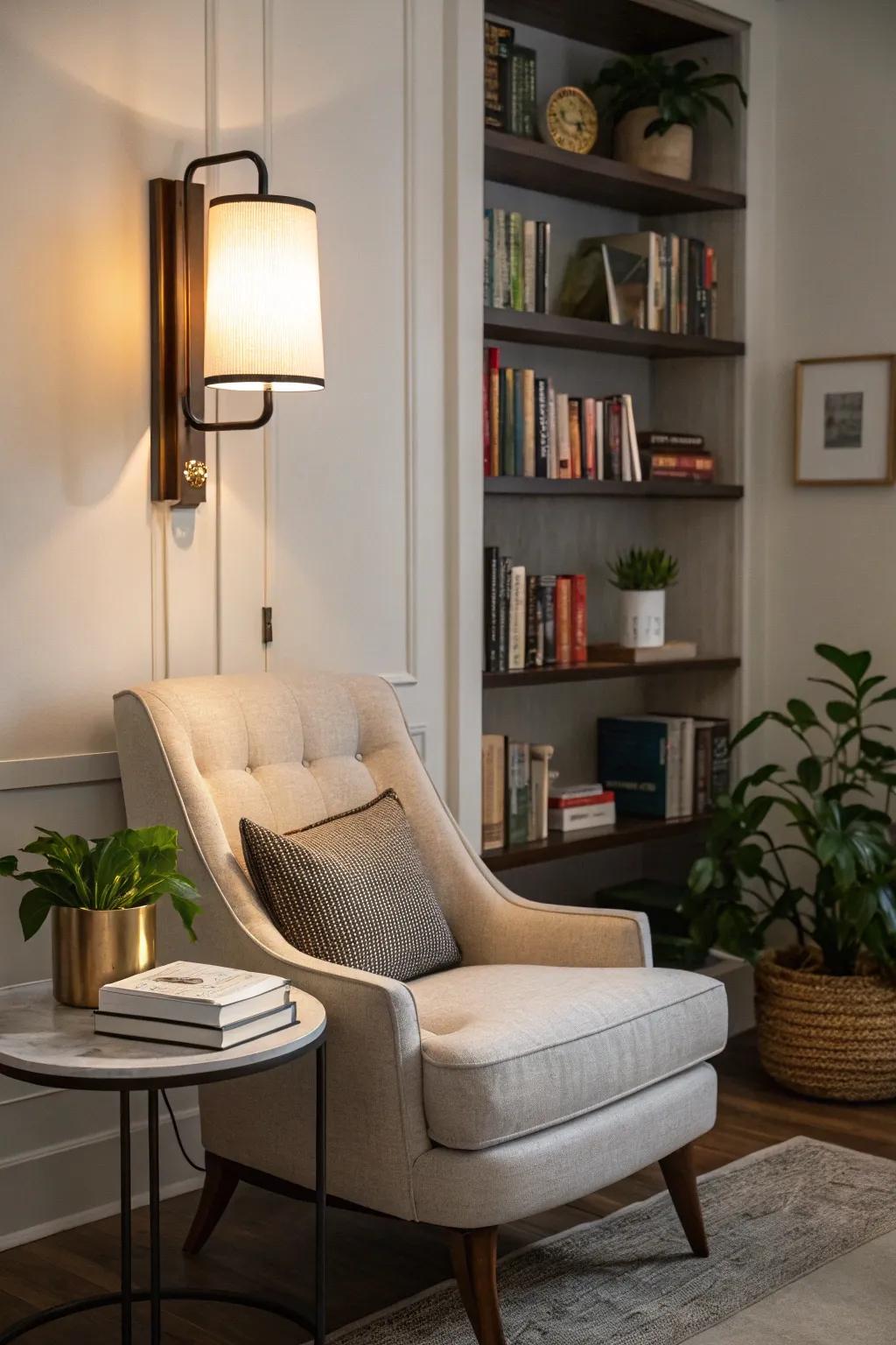 A sleek wall sconce adding light and style to a reading nook.