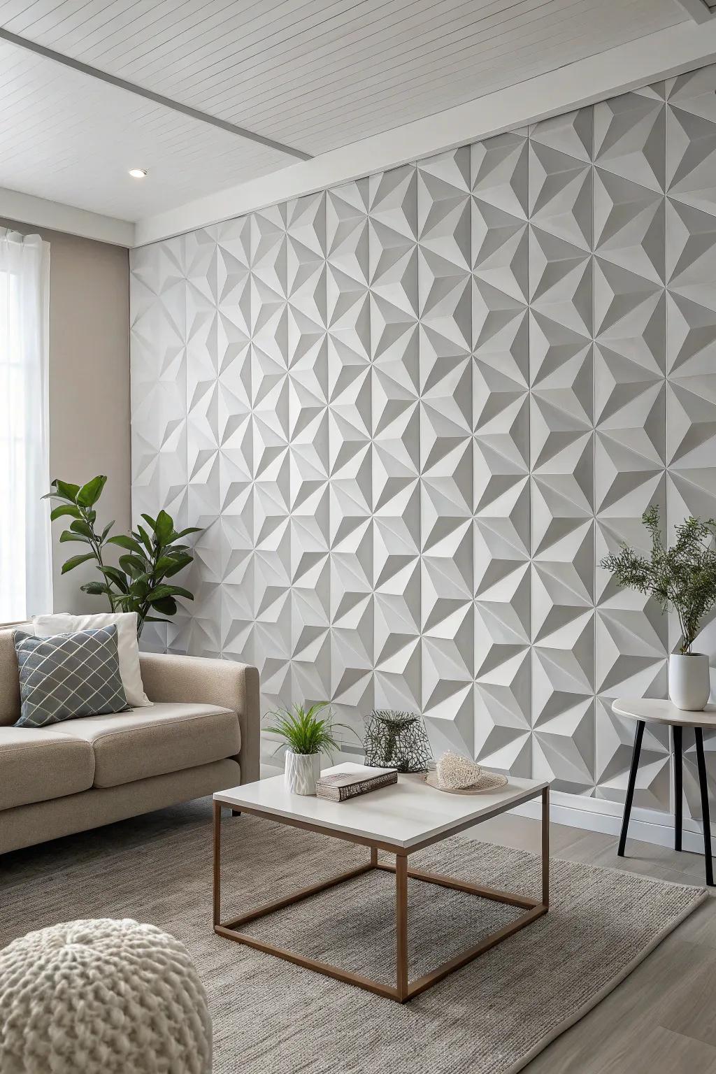 3D effect wallpaper adds dimension to a minimalist room.