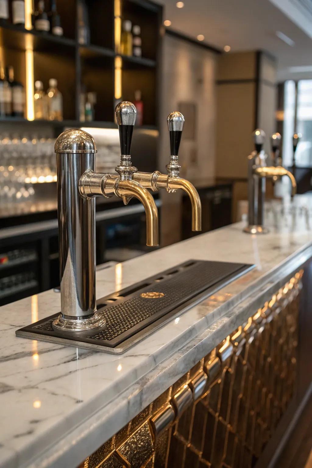 Metallic accents heighten the elegance of a modern wet bar.