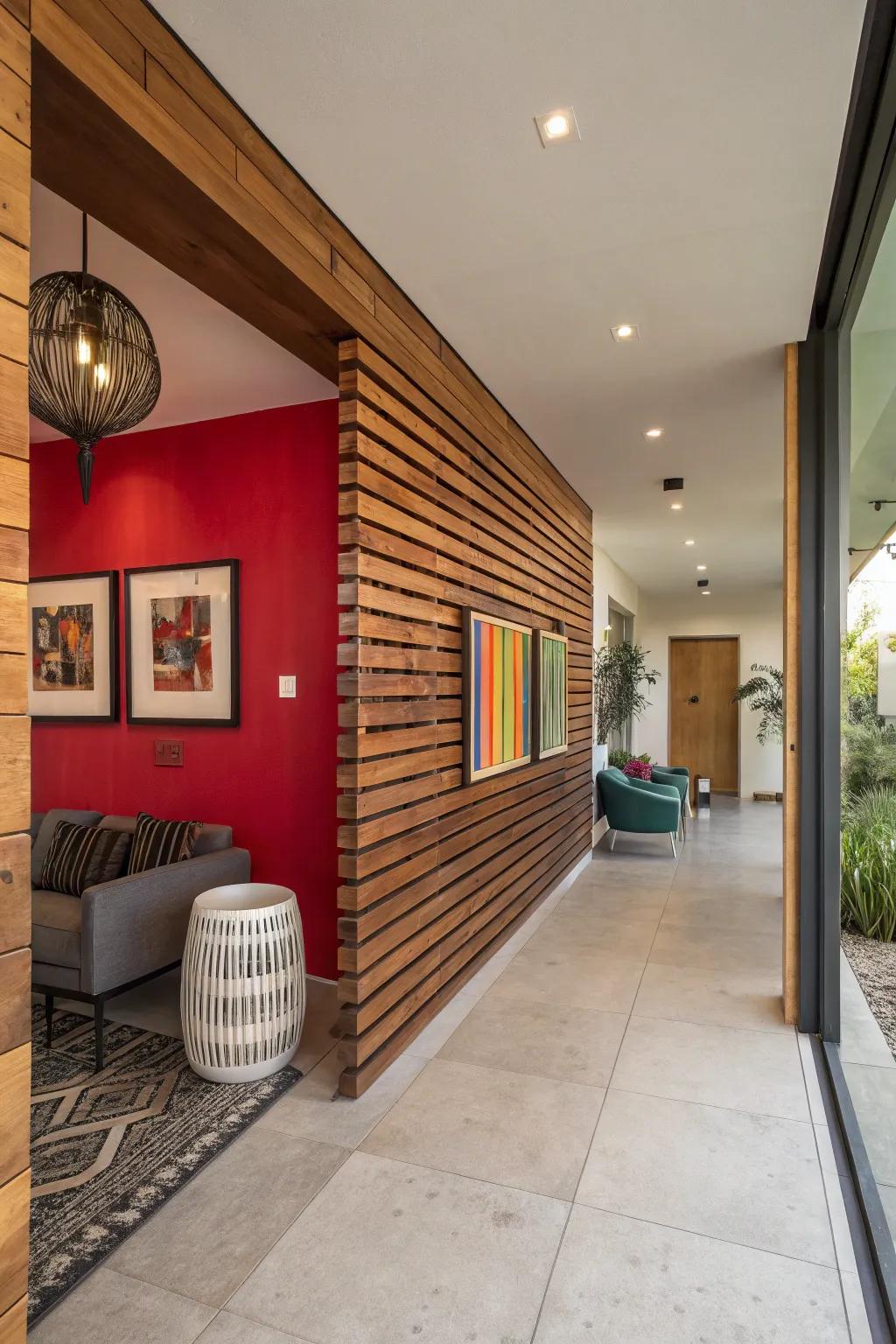 Create a bold statement by using vibrant color contrasts on your wood slat wall.