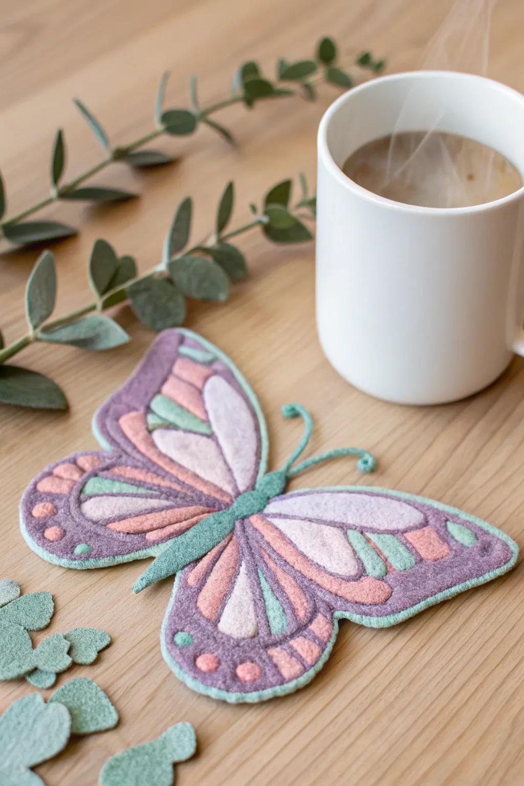 Append a fanciful nuance to your coffee table with these charming butterfly felt coasters. Ideal for a cozy, minimalist setting!