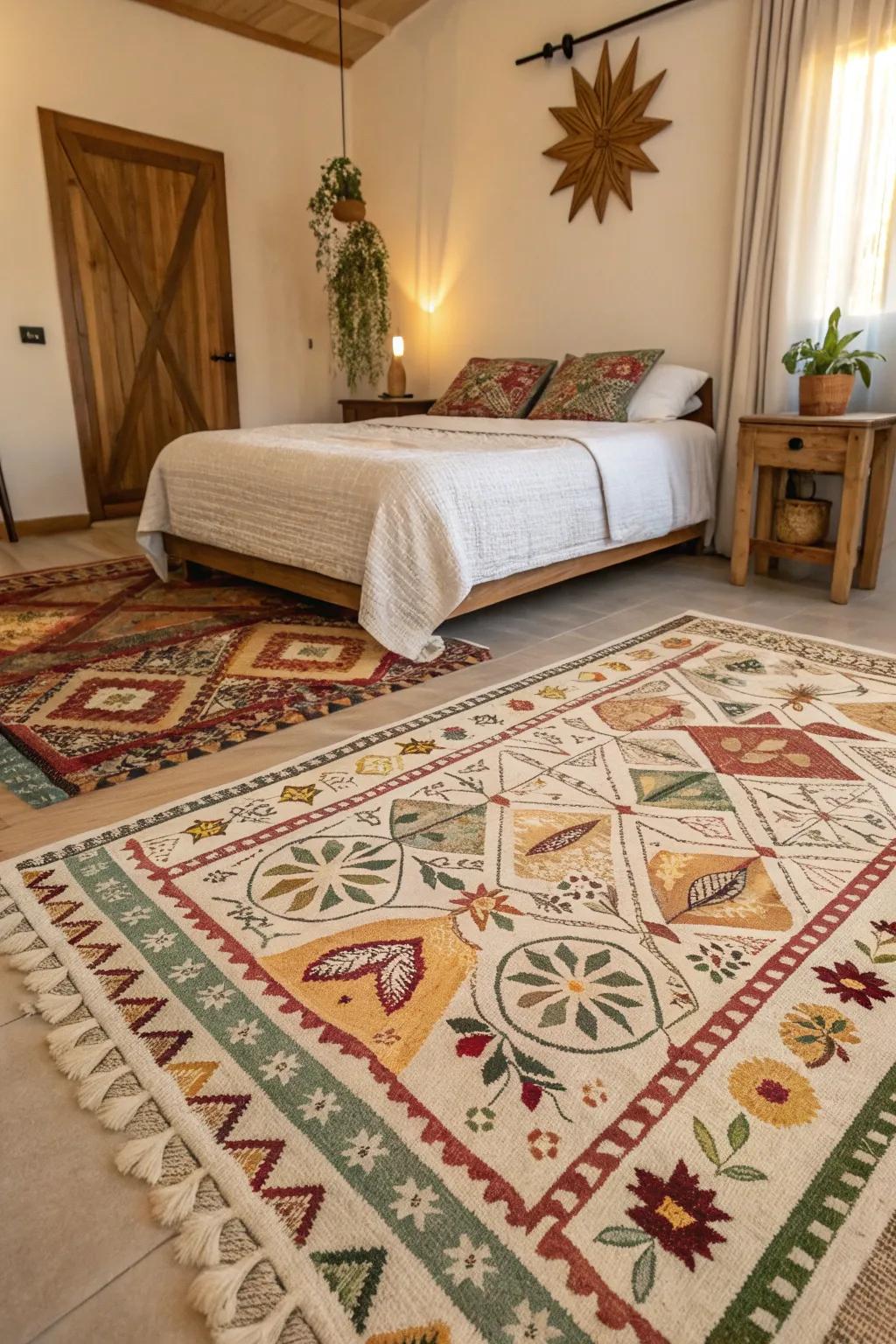 A vibrant bedroom showcasing layers of patterned rugs.