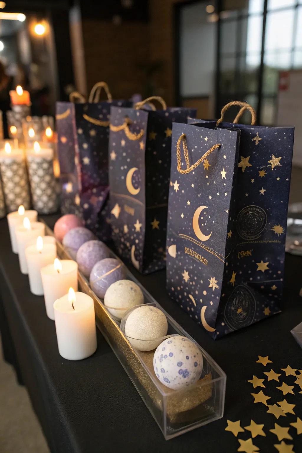 Cosmic-themed goodie bags that let guests take a piece of the magic home.