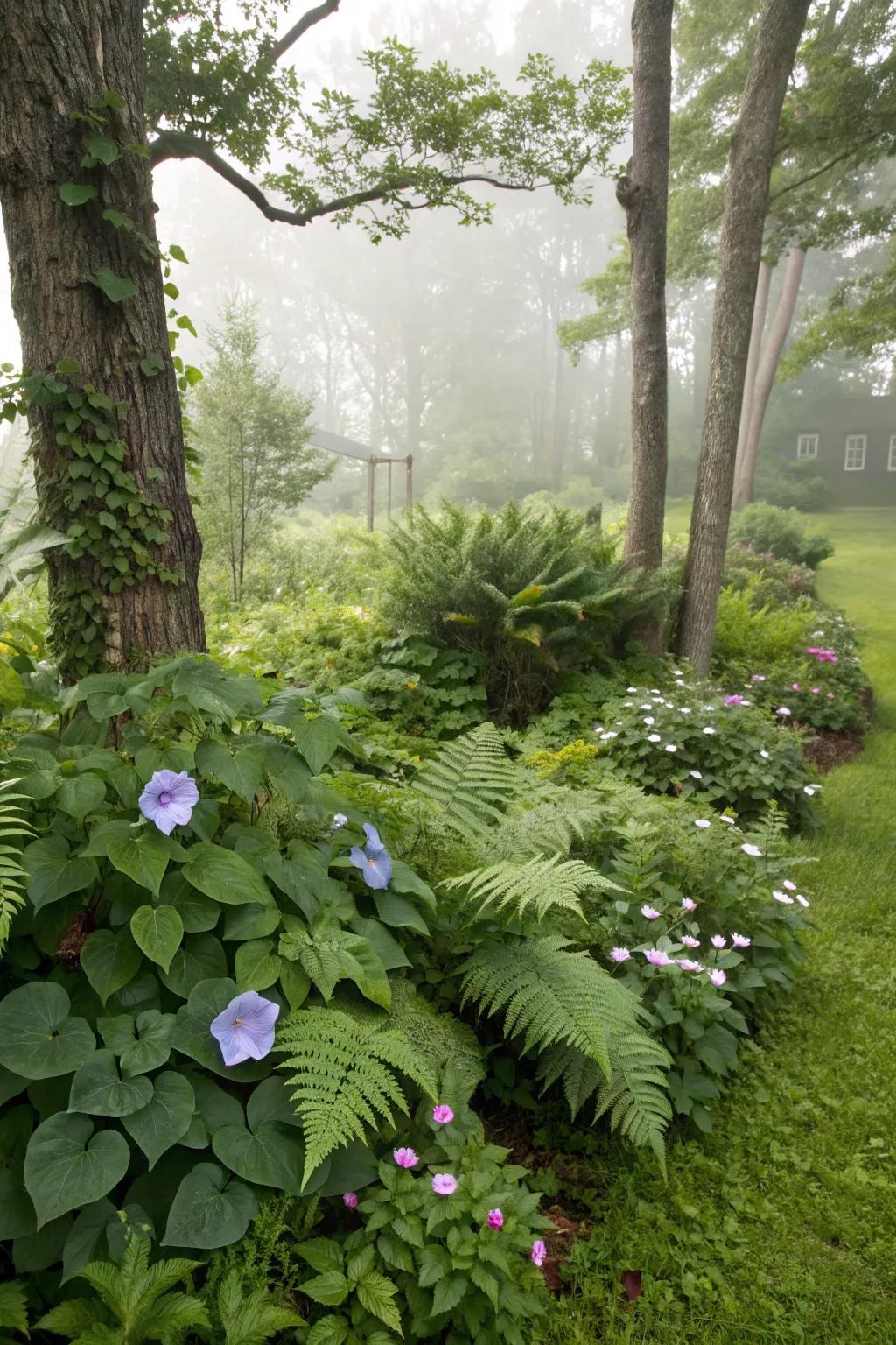 Morning glories interwoven with ferns and hostas for a lush garden setting.
