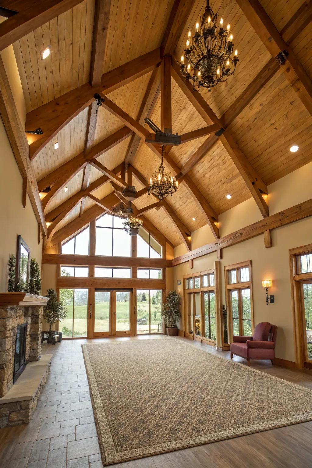 A spacious interior featuring high, elevated ceilings and exposed beams.