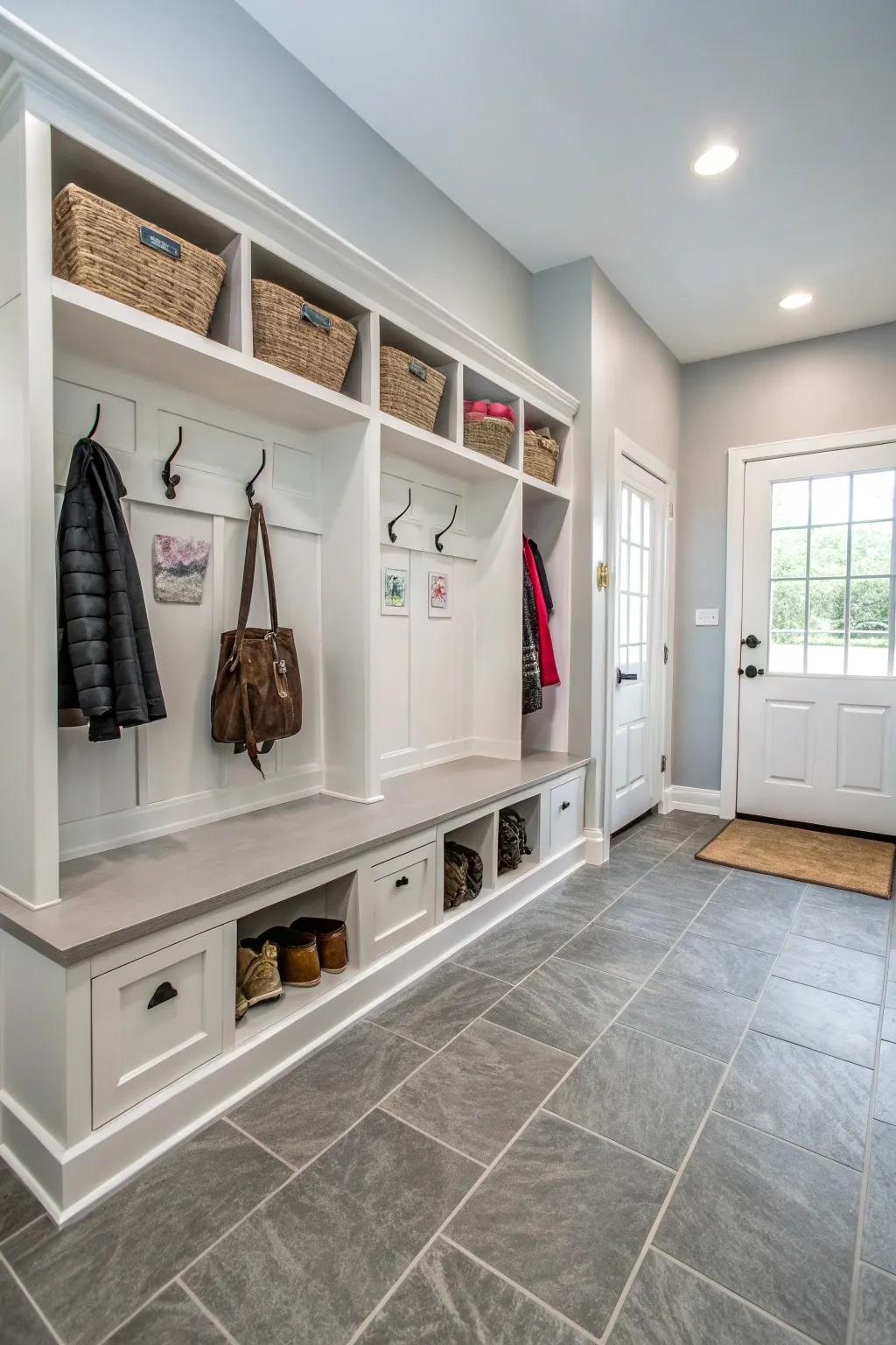 Mudroom with sturdy tile flooring and a modern design for style and practicality.