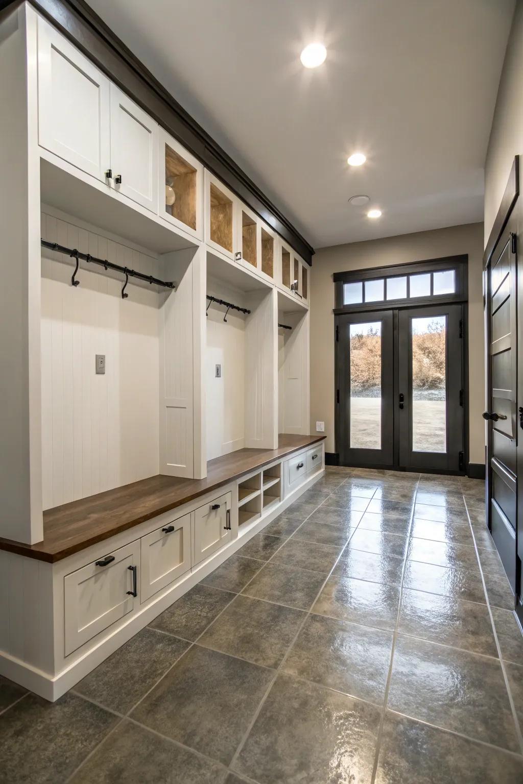 Polished cement tiles add a modern industrial edge.