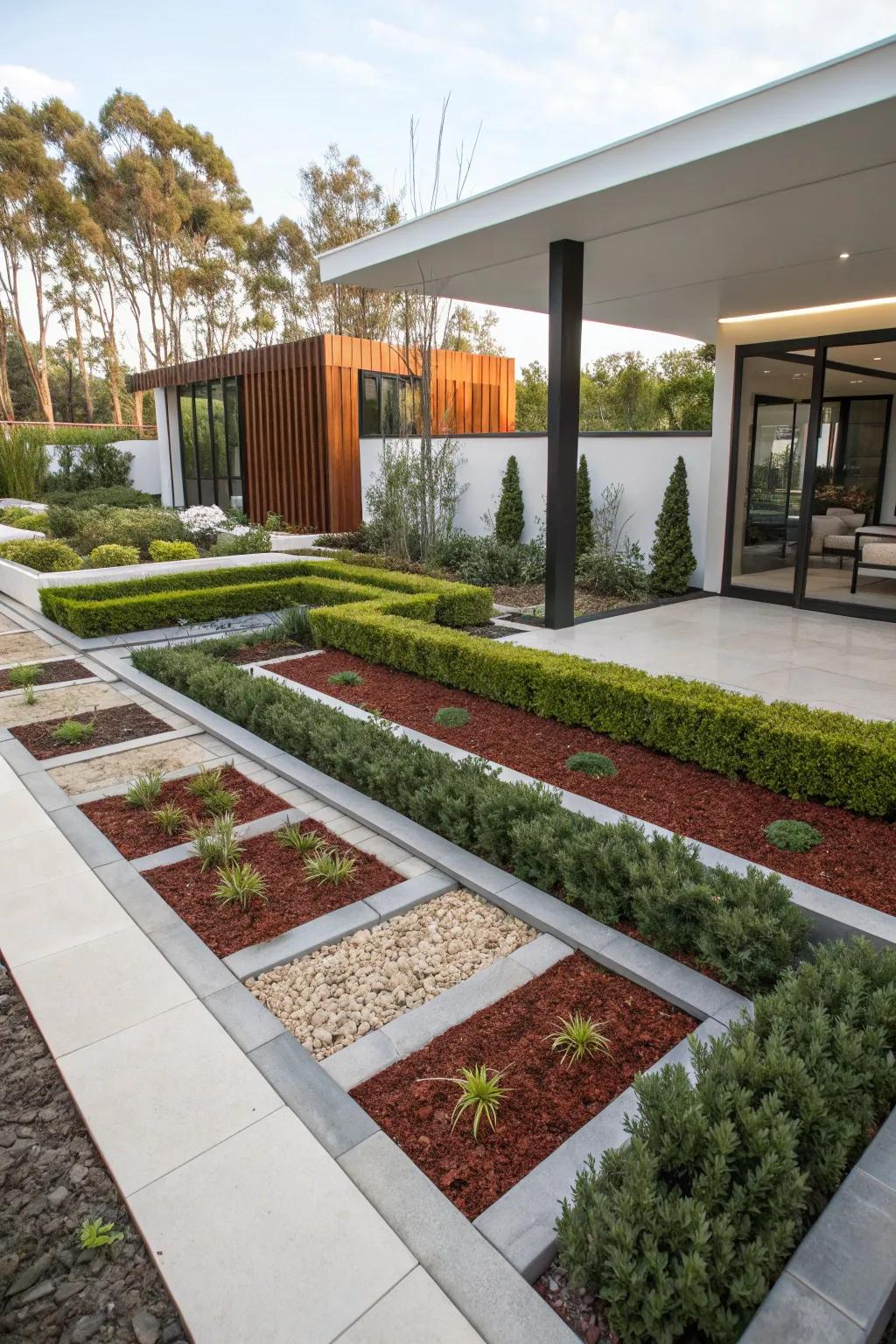 Geometric lines offer a modern edge to mulch borders.
