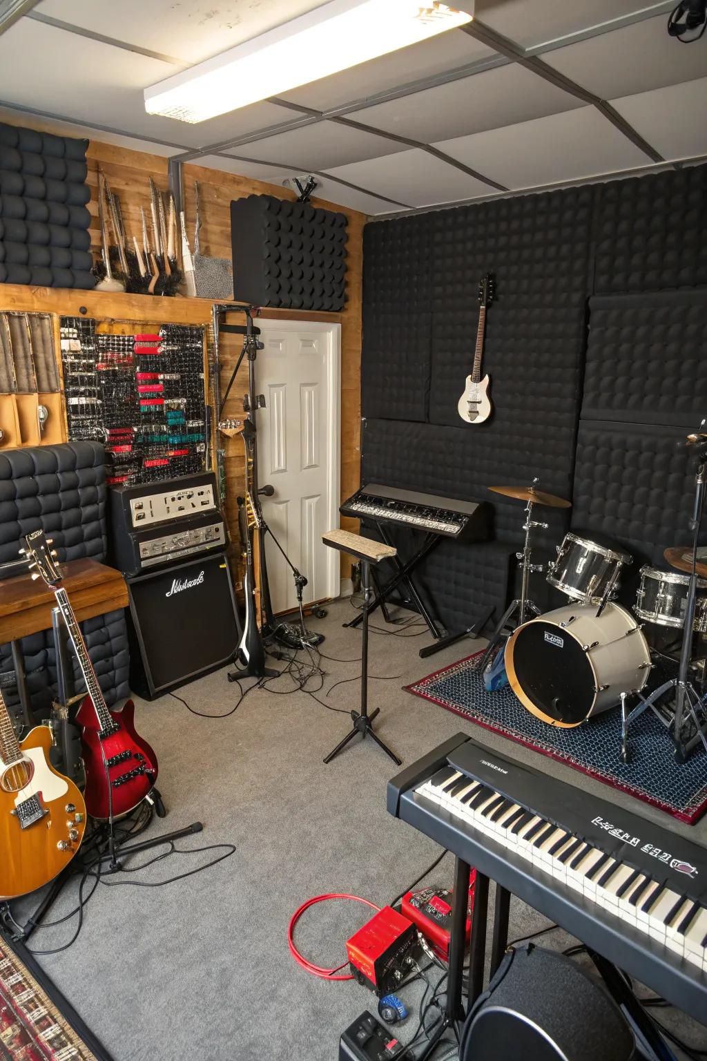 A garage turned into a soundproof sound studio.