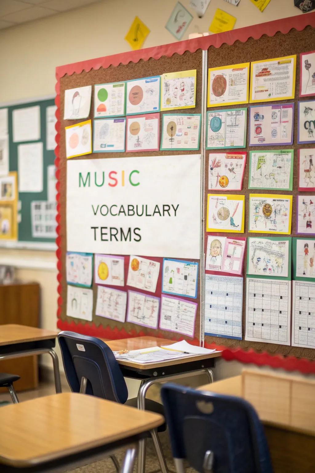 Educational bulletin board with music vocabulary.