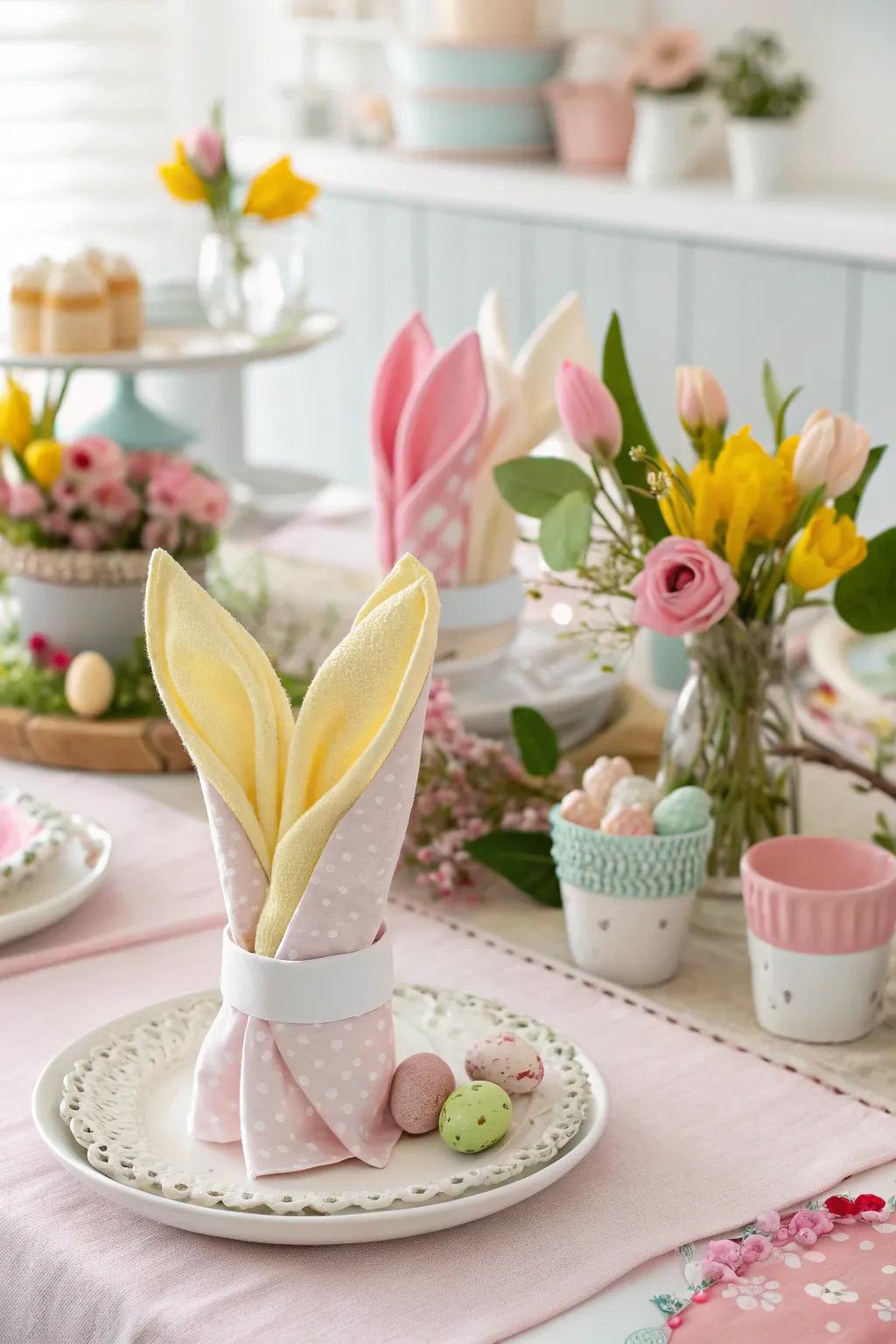 Infuse a whimsical element into your table's appeal with Rabbit Ears napkin styling.