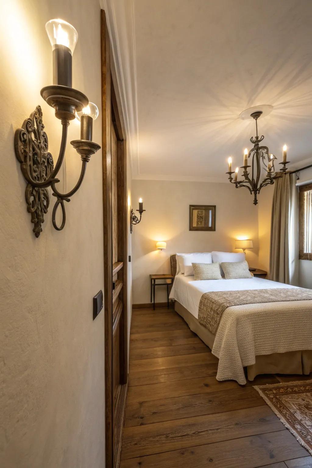 Wall sconces enhance lighting while saving floor space in a narrow bedroom.