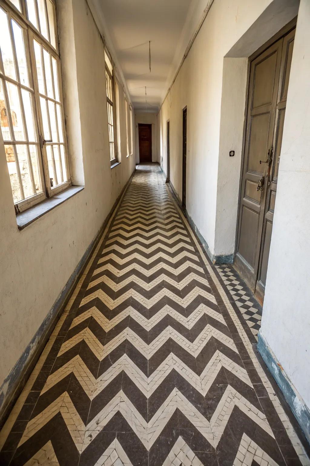 Zigzag layouts can visually amplify the length of a slim hallway.