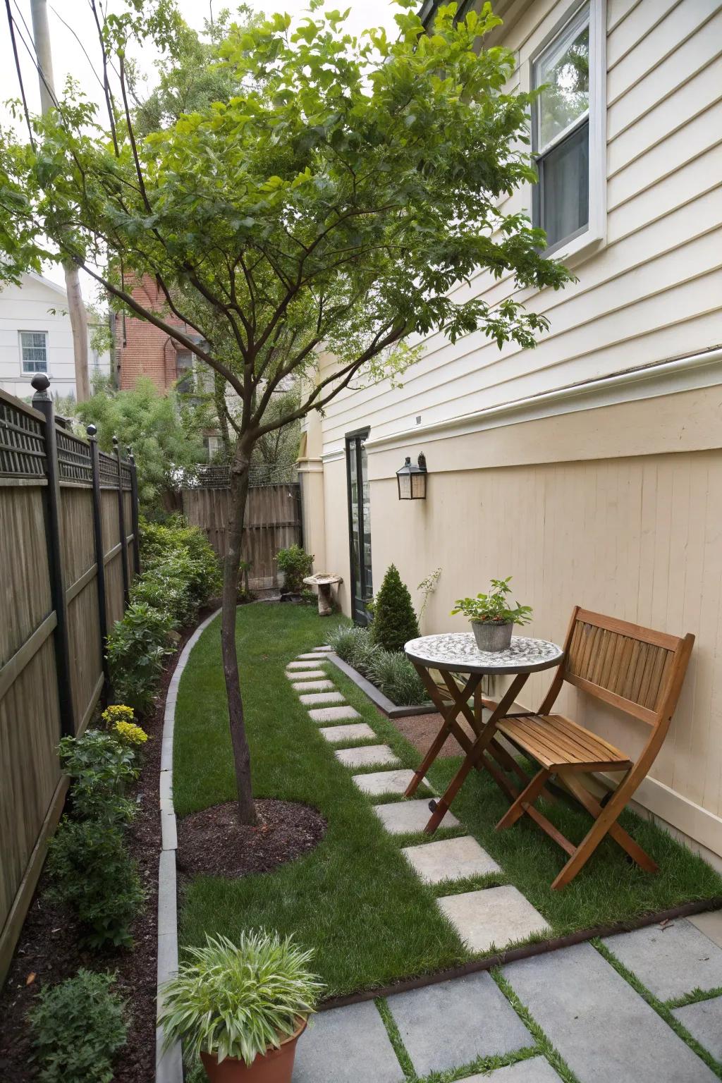 A seating nook can transform your side yard into a peaceful retreat.