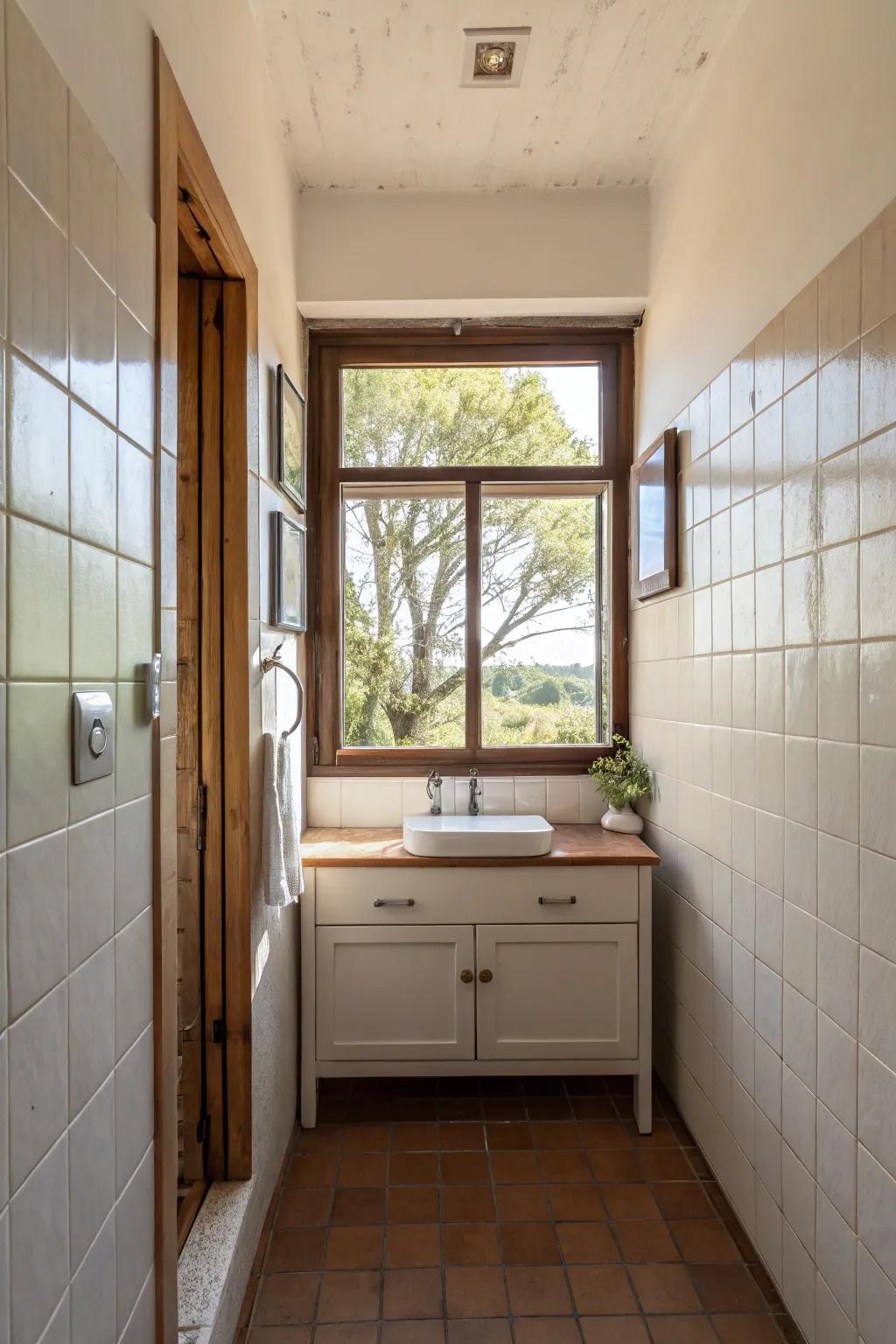 Sunlight enhances the inviting mood inside confined bathroom plans.