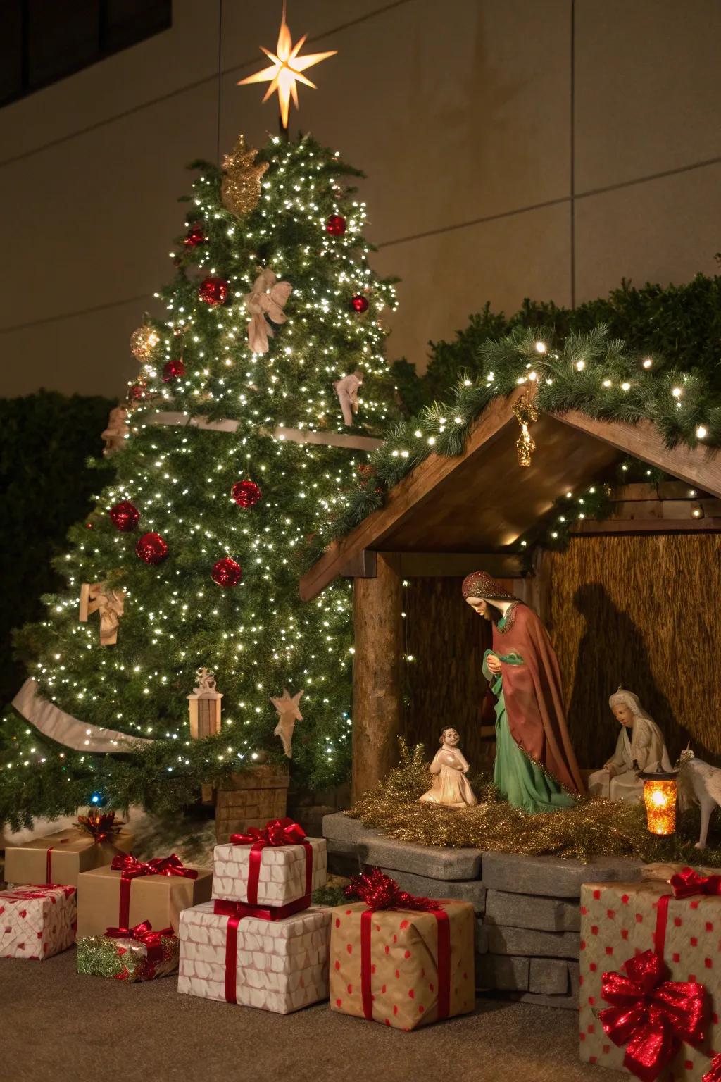 A whimsical nativity scene nestled beneath the Christmas arbor.