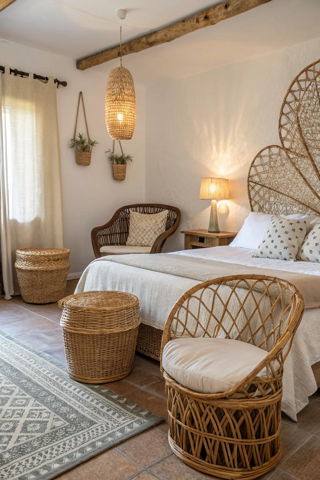 Bamboo and wicker give rustic charm to this bedroom.