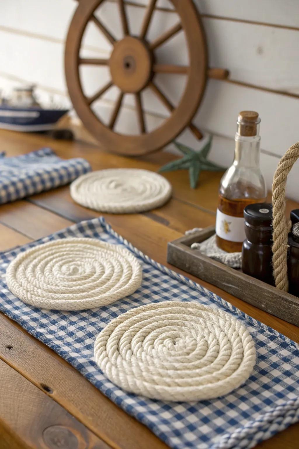 Cable mats inject a homespun touch into maritime designs.